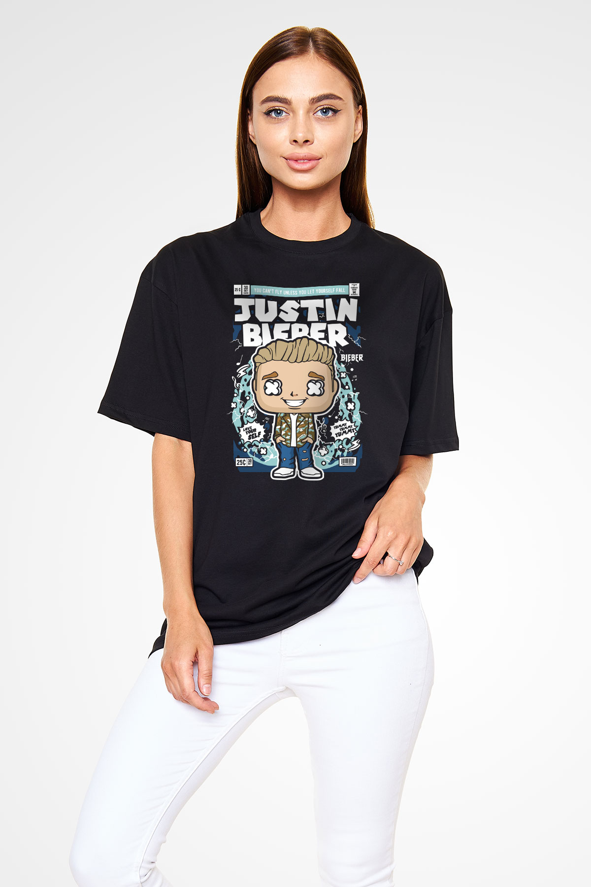Justin Bieber Baskılı Unisex Siyah Oversize Tişört