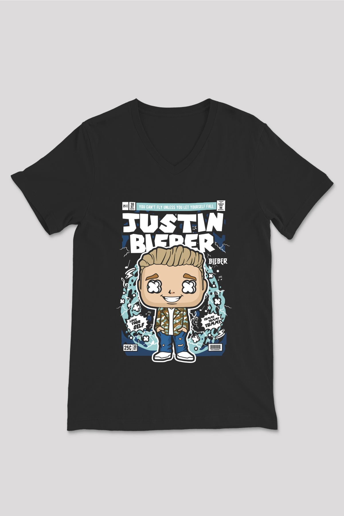 Justin Bieber Baskılı Unisex Siyah V Yaka Tişört