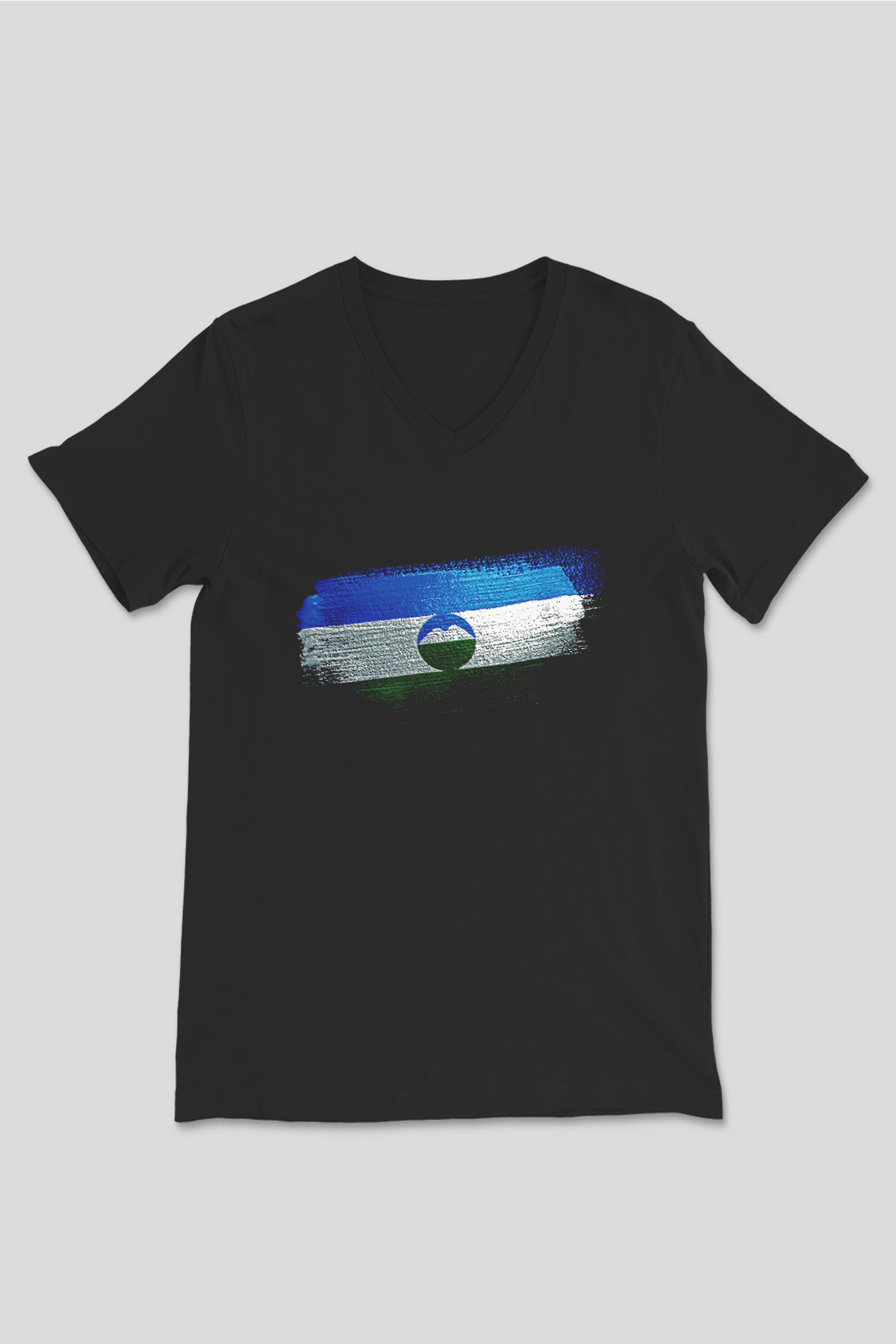 Kabardino Balkarya - Kabardino Balkaria Bayrağı Baskılı Unisex Siyah V Yaka Tişört