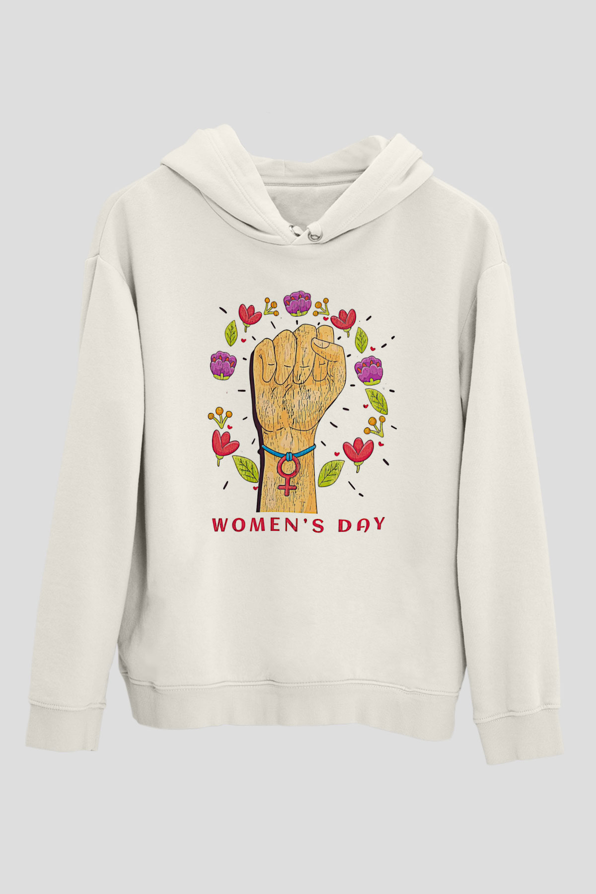 Kadınlar Günü Baskılı Beyaz Unisex Kapüşonlu Sweatshirt