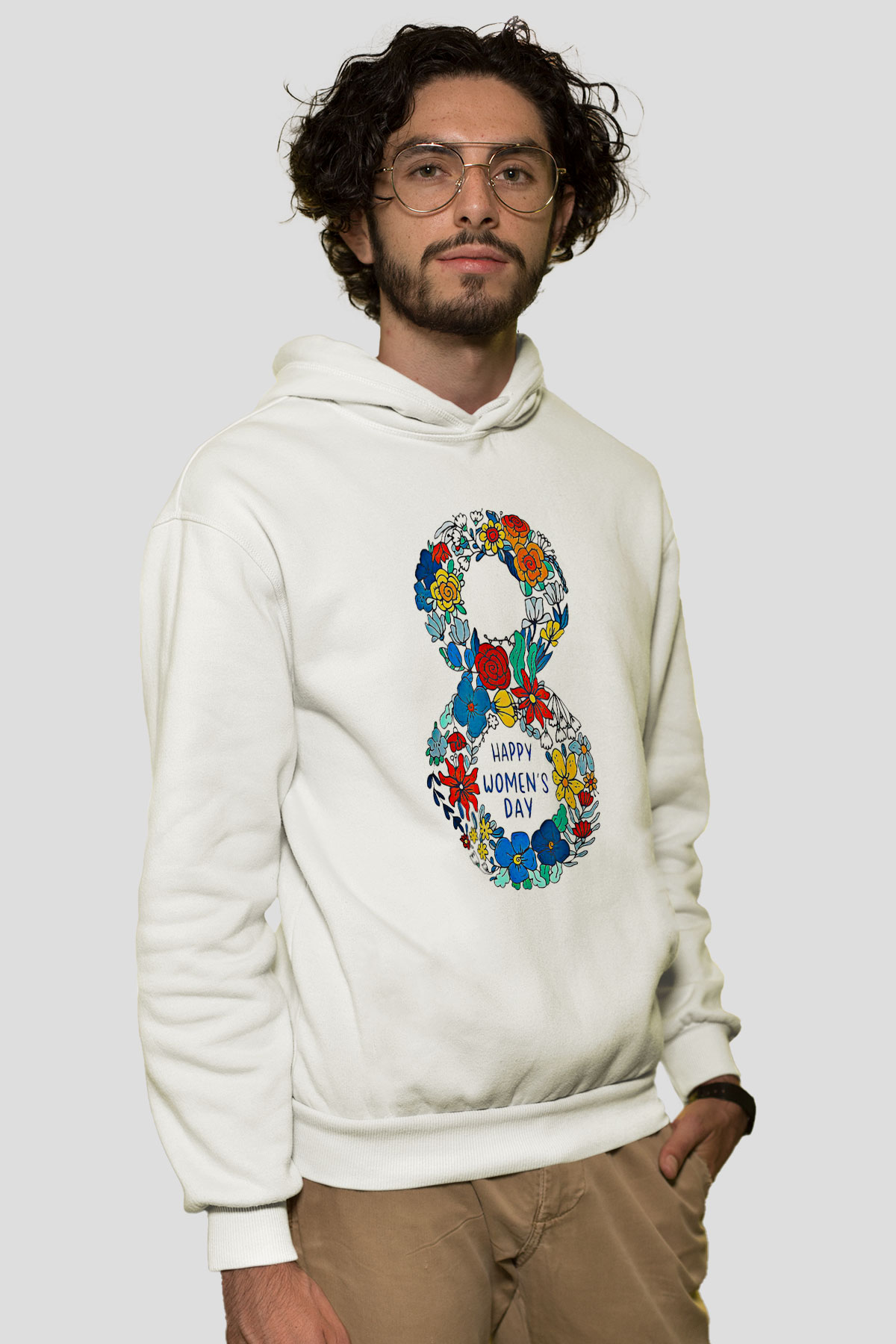 Kadınlar Günü Baskılı Beyaz Unisex Kapüşonlu Sweatshirt
