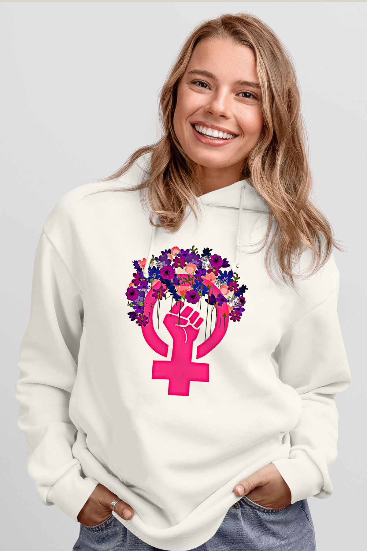 Kadınlar Günü Baskılı Beyaz Unisex Kapüşonlu Sweatshirt