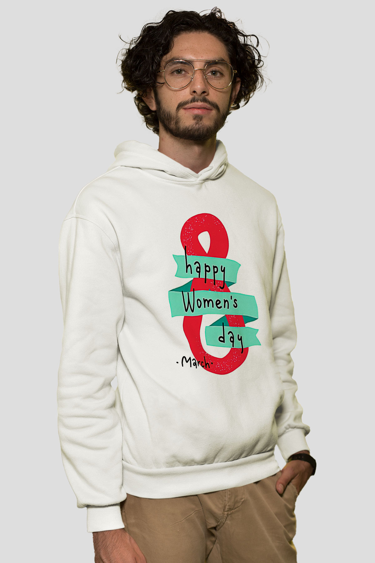 Kadınlar Günü Baskılı Beyaz Unisex Kapüşonlu Sweatshirt