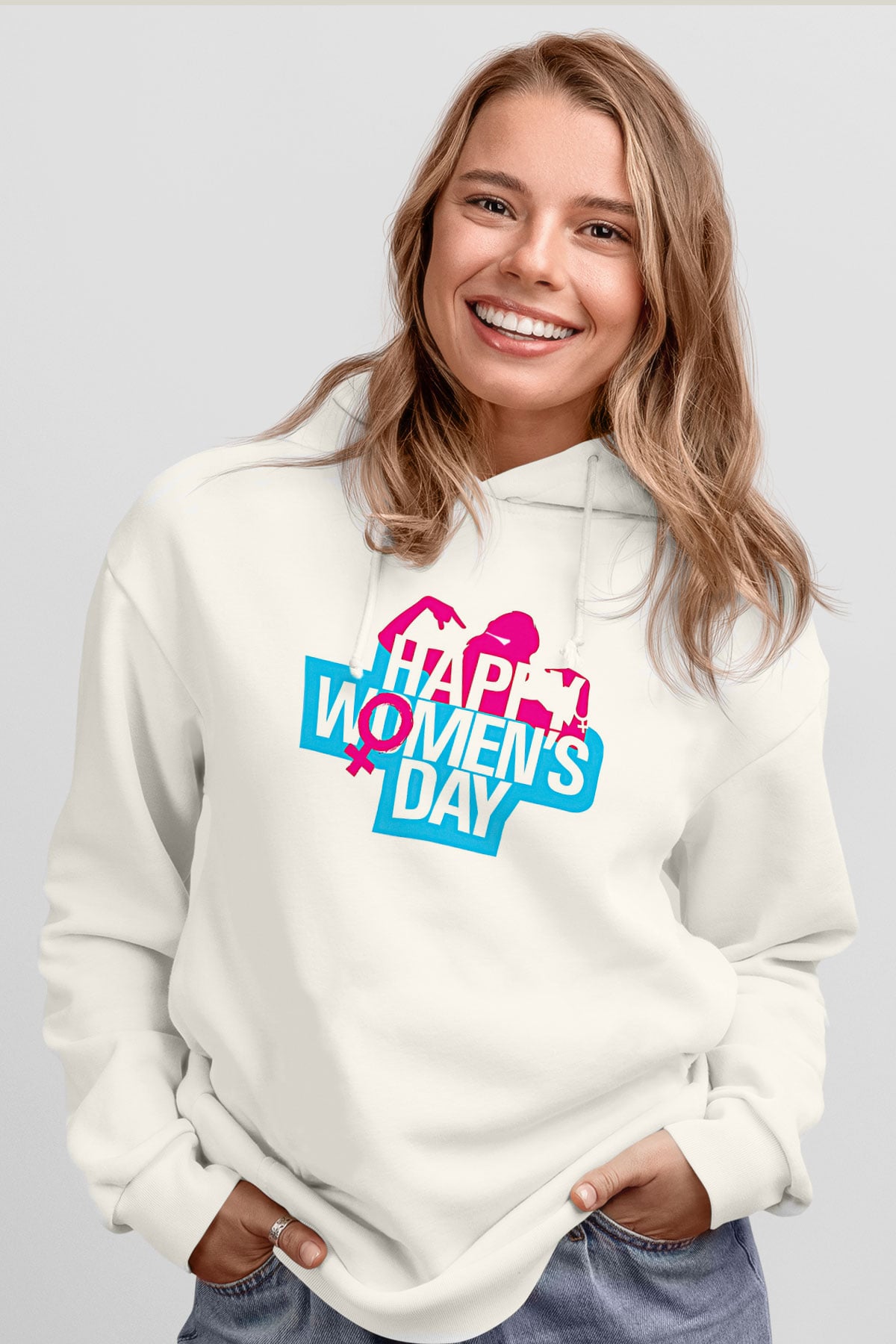 Kadınlar Günü Baskılı Beyaz Unisex Kapüşonlu Sweatshirt