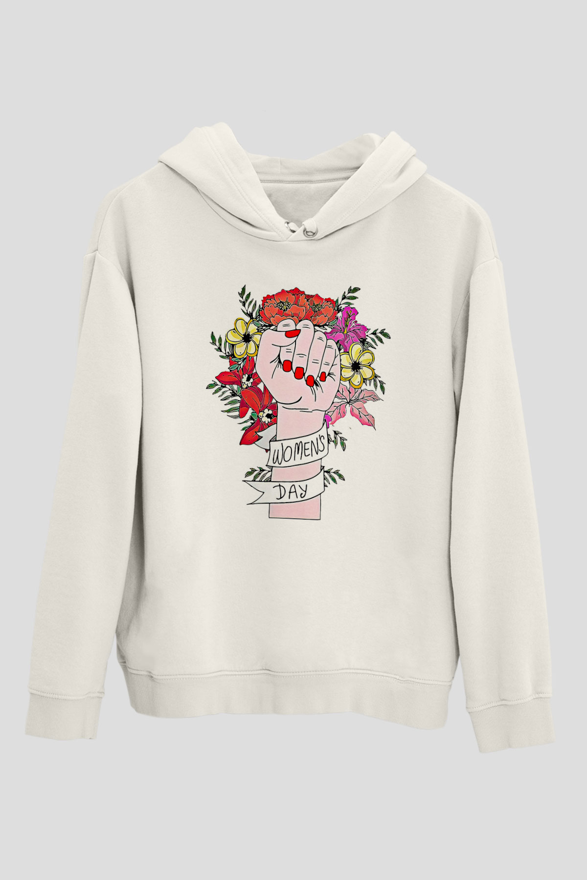 Kadınlar Günü Baskılı Beyaz Unisex Kapüşonlu Sweatshirt