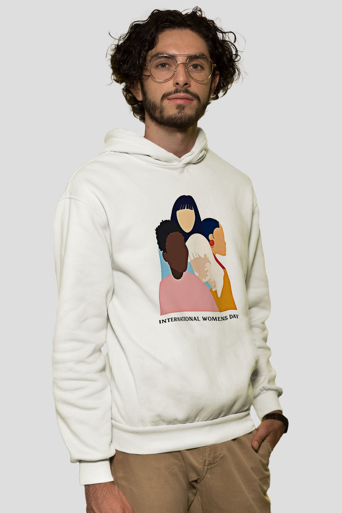 Kadınlar Günü Baskılı Beyaz Unisex Kapüşonlu Sweatshirt