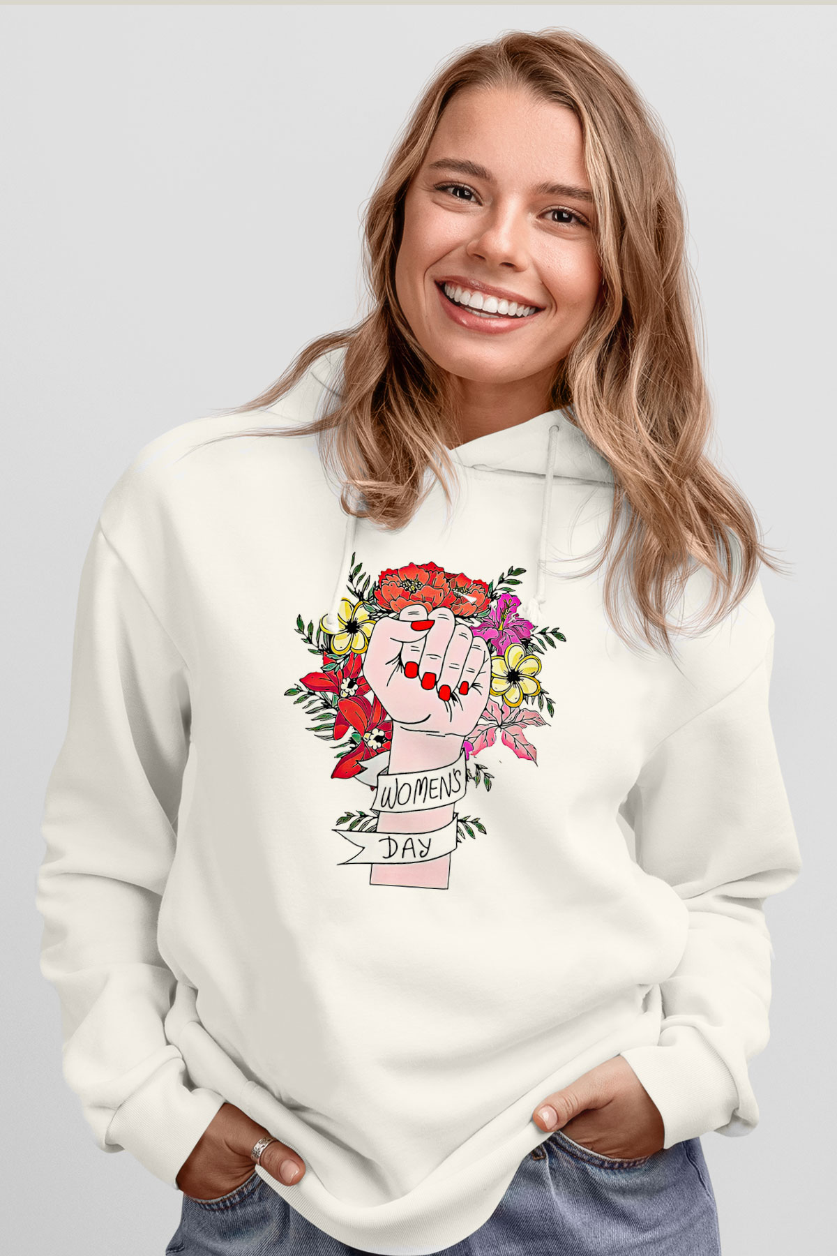 Kadınlar Günü Baskılı Beyaz Unisex Kapüşonlu Sweatshirt