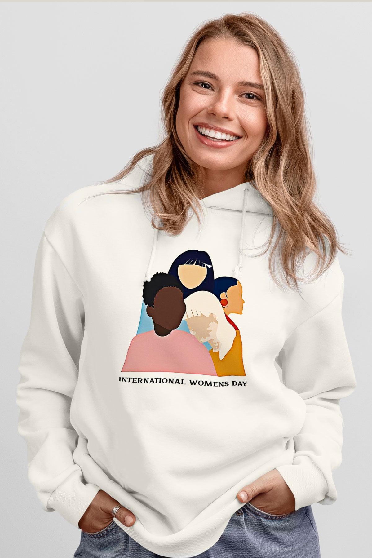 Kadınlar Günü Baskılı Beyaz Unisex Kapüşonlu Sweatshirt