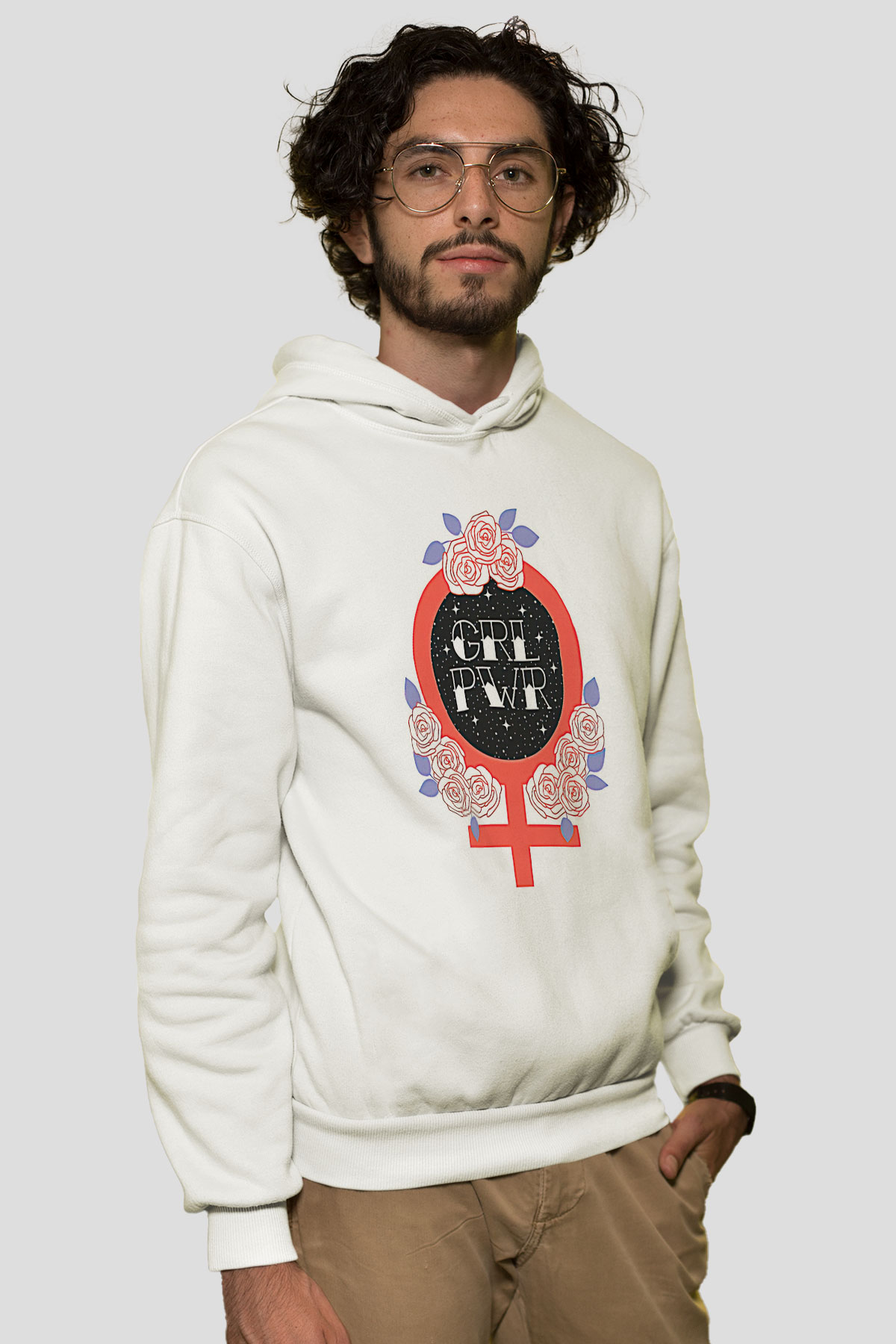 Kadınlar Günü Baskılı Beyaz Unisex Kapüşonlu Sweatshirt