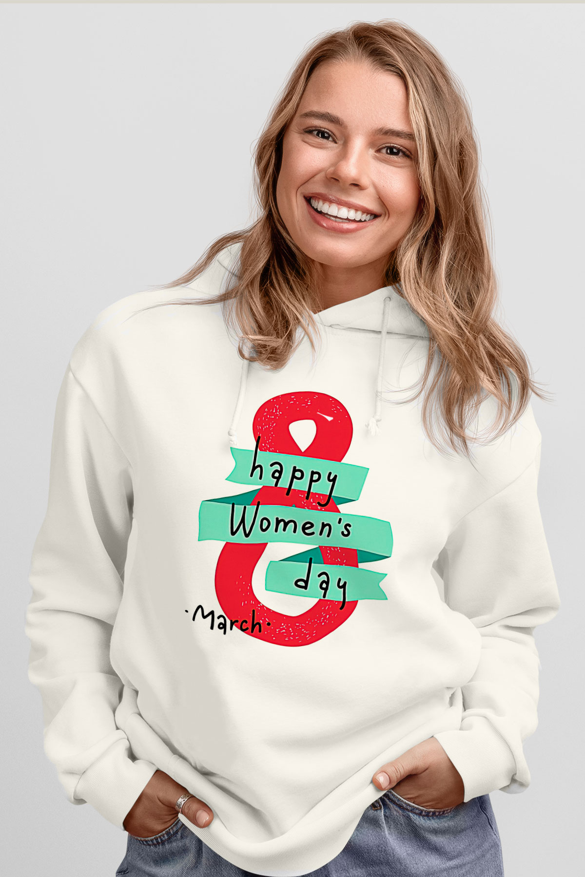 Kadınlar Günü Baskılı Beyaz Unisex Kapüşonlu Sweatshirt