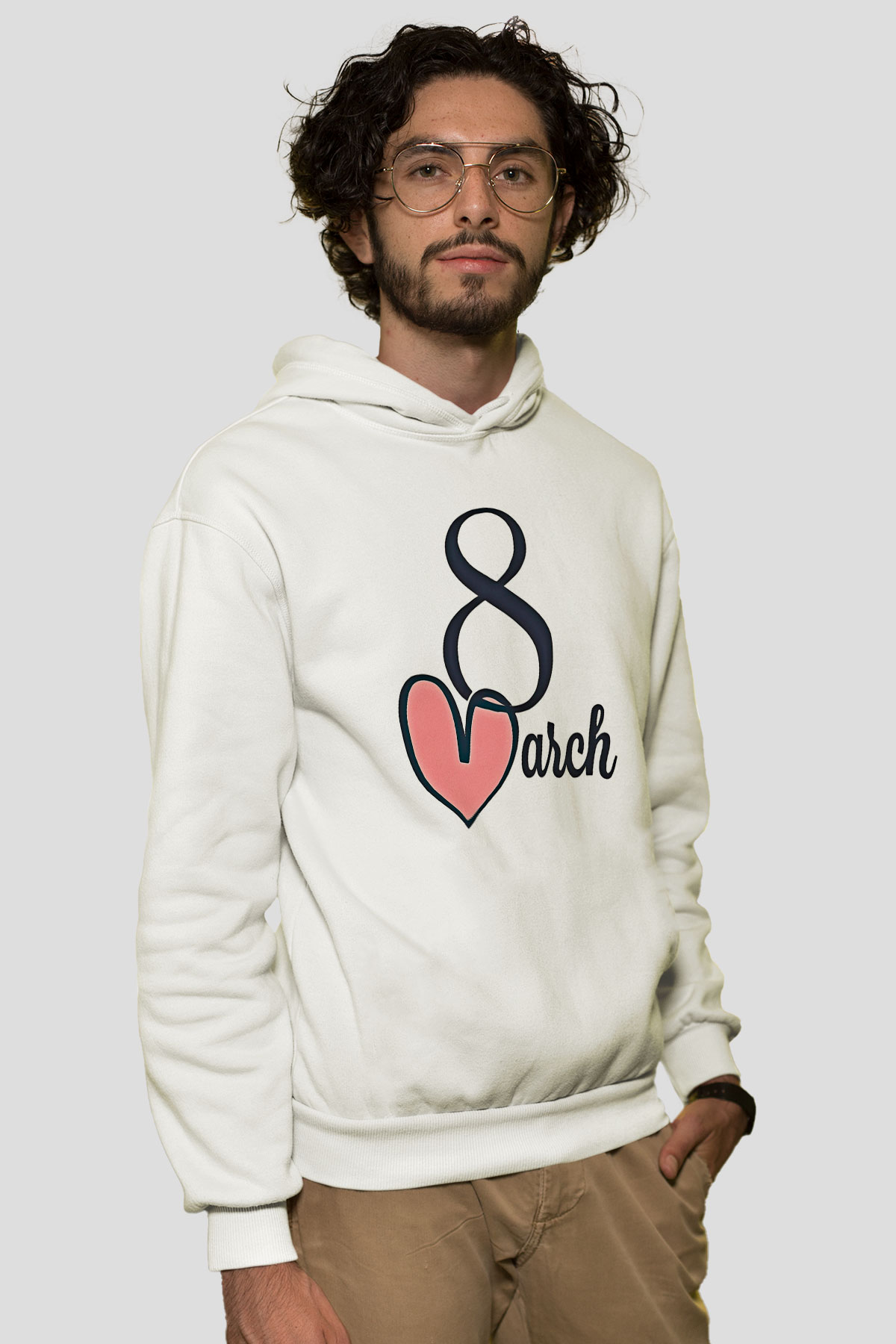 Kadınlar Günü Baskılı Beyaz Unisex Kapüşonlu Sweatshirt