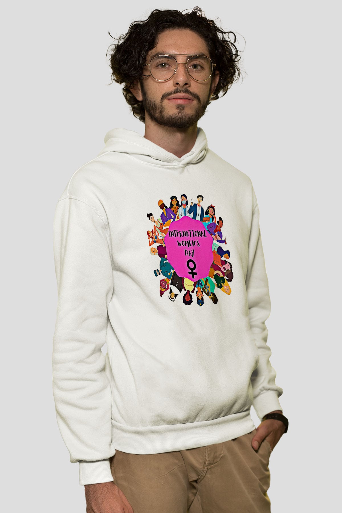 Kadınlar Günü Baskılı Beyaz Unisex Kapüşonlu Sweatshirt