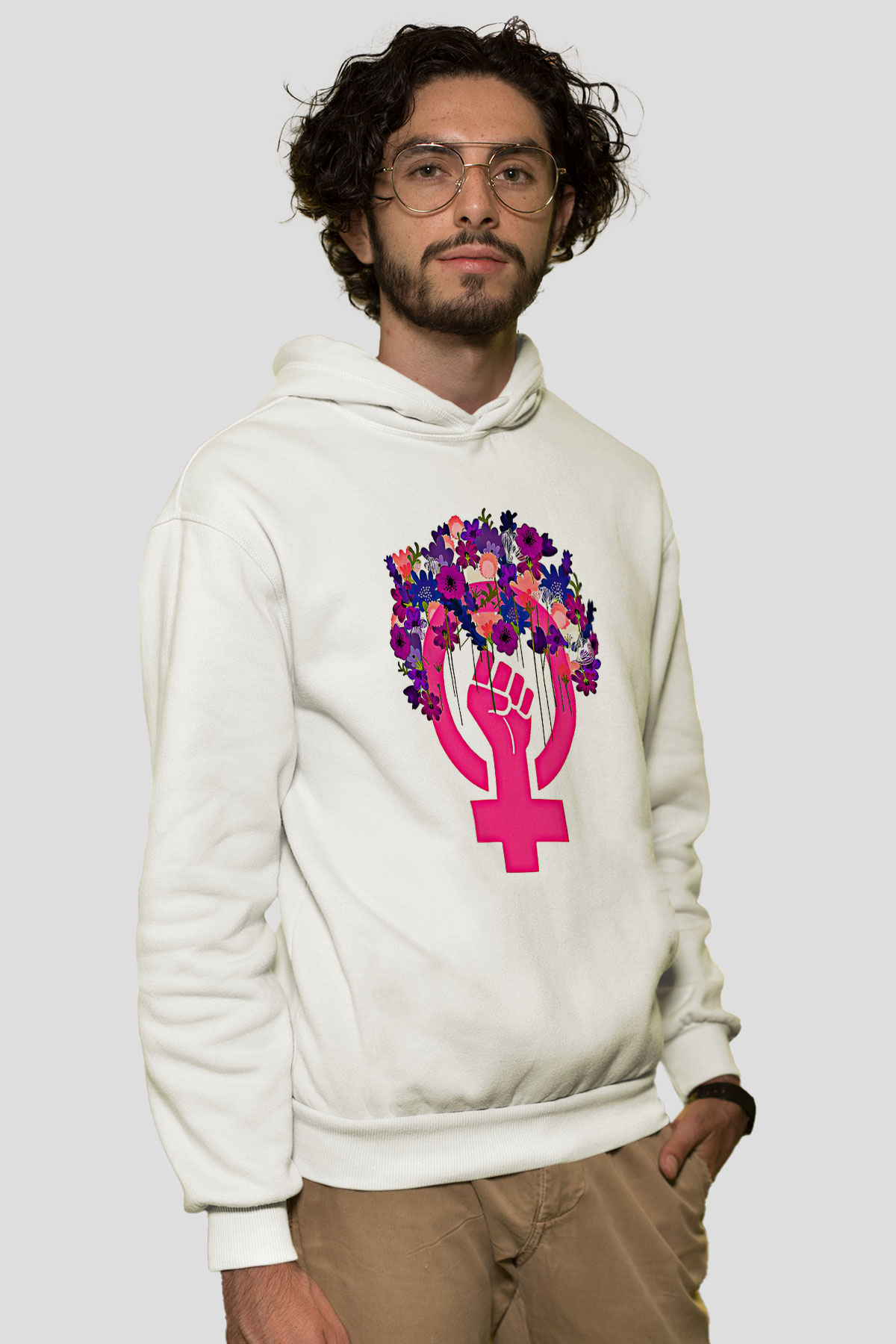 Kadınlar Günü Baskılı Beyaz Unisex Kapüşonlu Sweatshirt