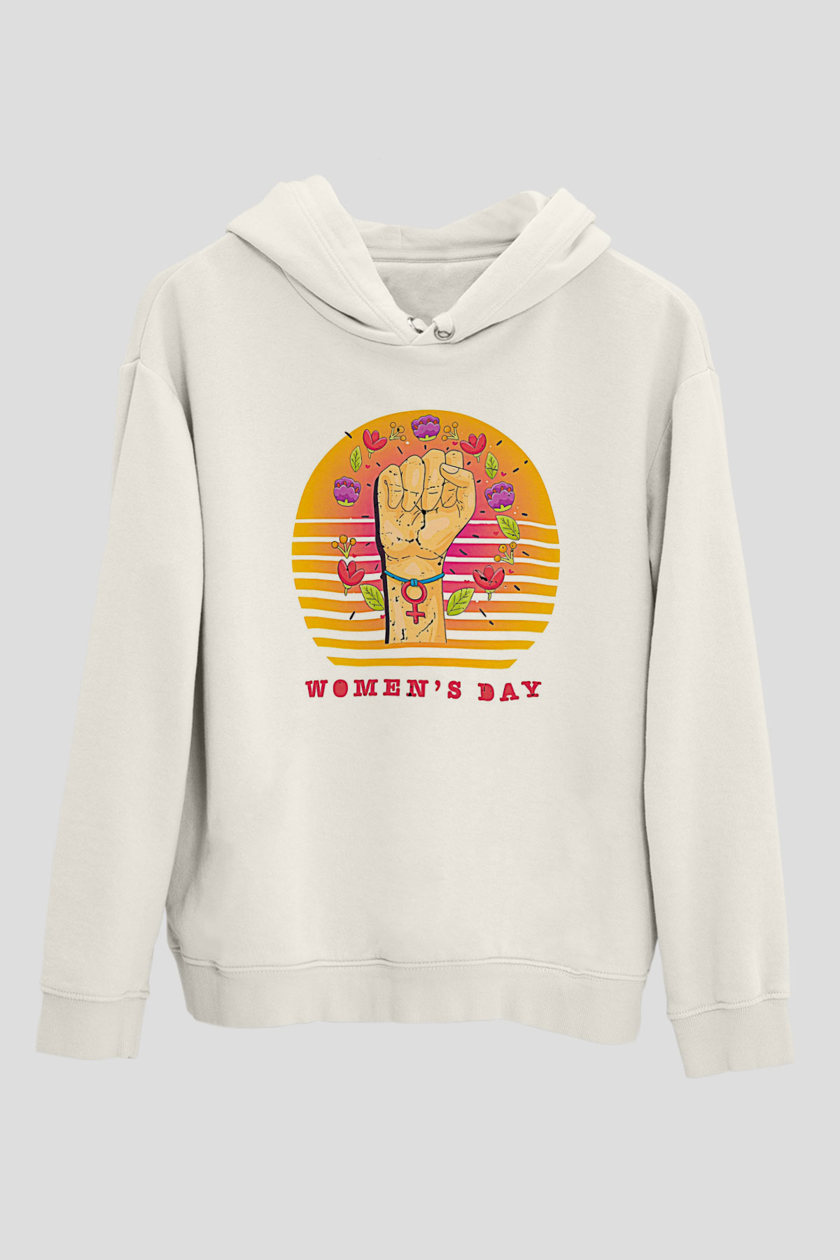 Kadınlar Günü Baskılı Beyaz Unisex Kapüşonlu Sweatshirt