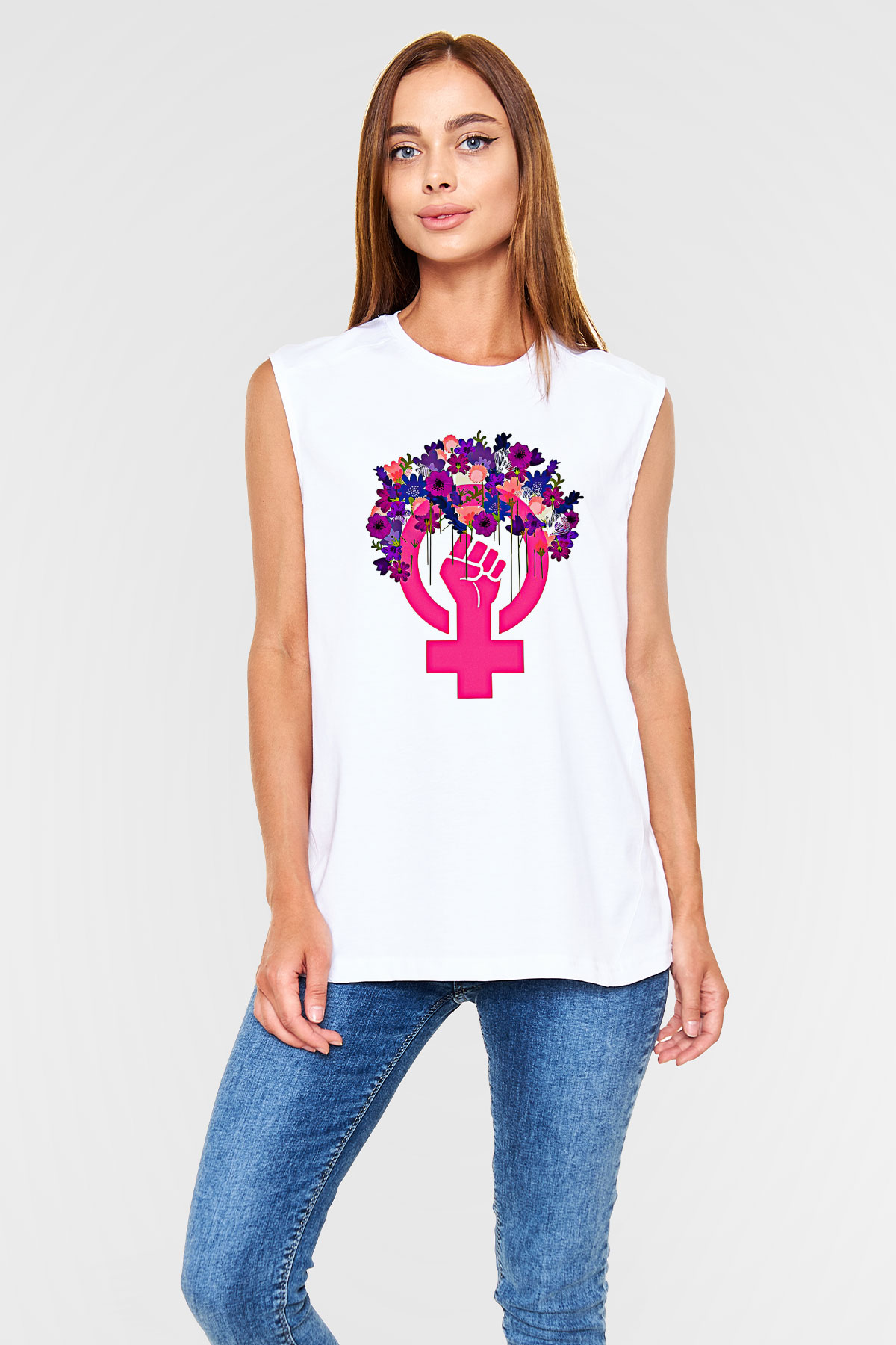 Kadınlar Günü Baskılı Beyaz Unisex Kolsuz Tişört - Tshirt