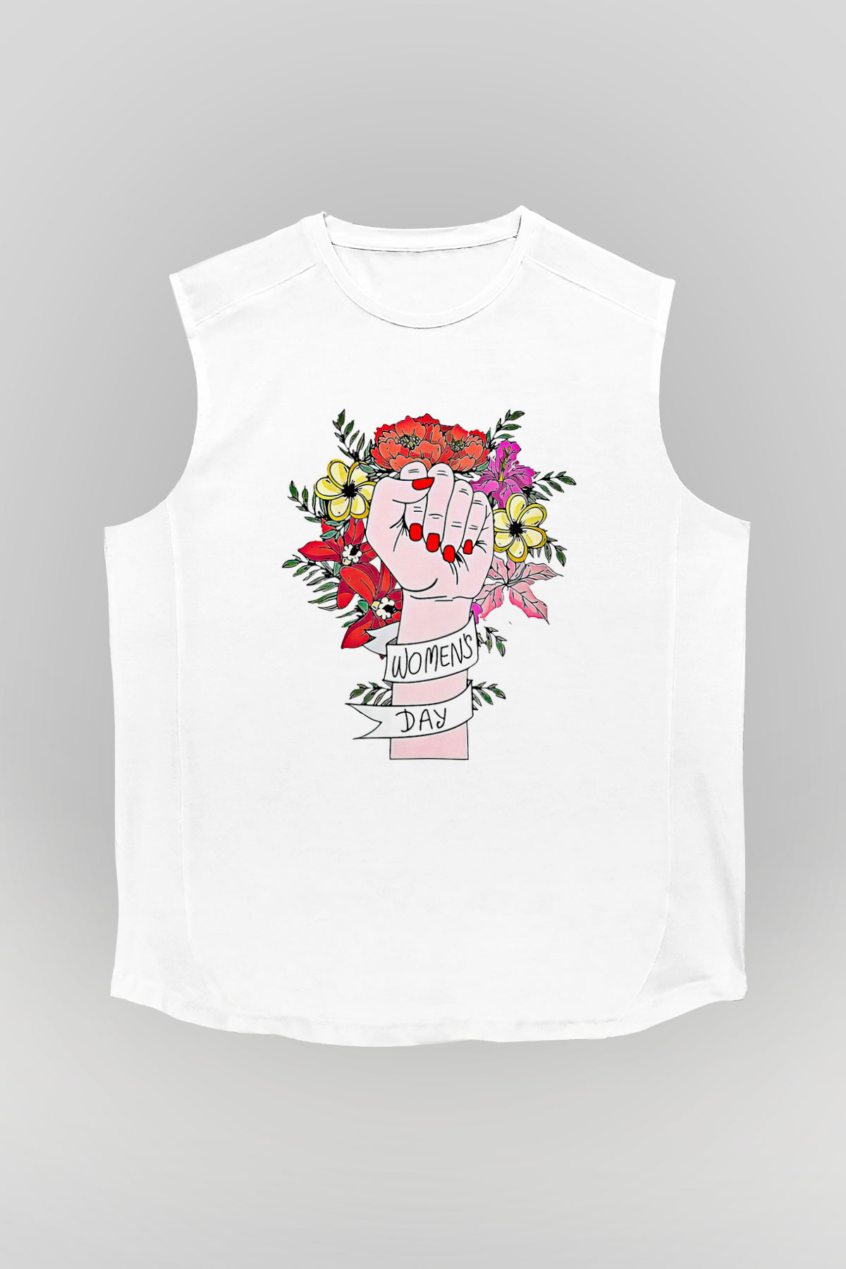 Kadınlar Günü Baskılı Beyaz Unisex Kolsuz Tişört - Tshirt