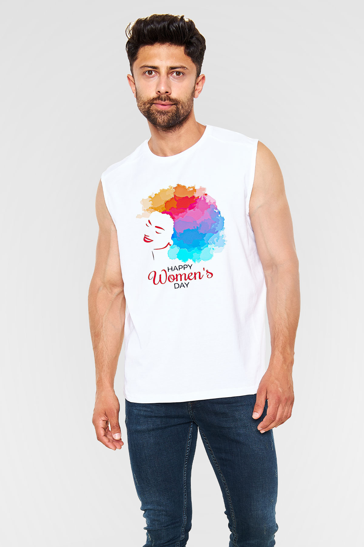 Kadınlar Günü Baskılı Beyaz Unisex Kolsuz Tişört - Tshirt
