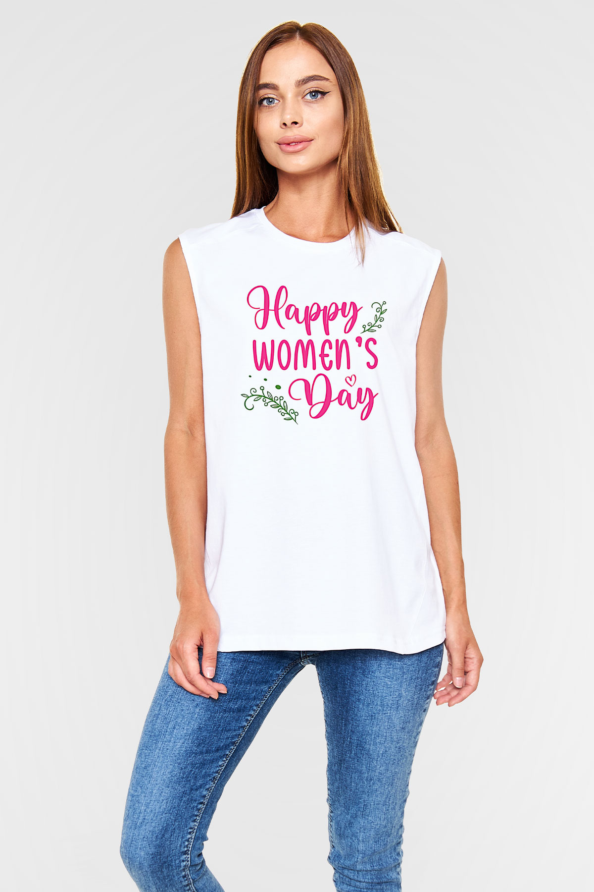 Kadınlar Günü Baskılı Beyaz Unisex Kolsuz Tişört - Tshirt