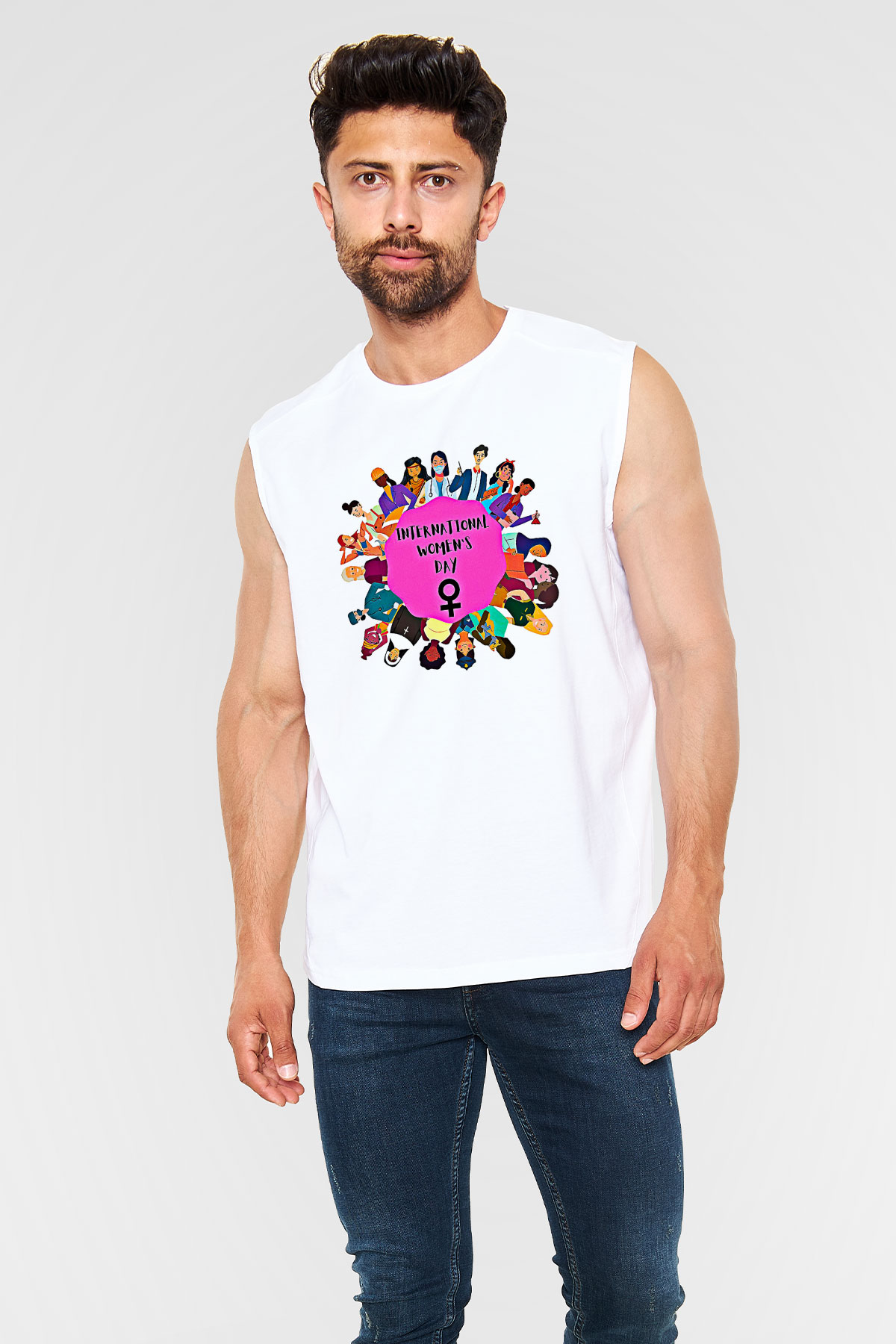 Kadınlar Günü Baskılı Beyaz Unisex Kolsuz Tişört - Tshirt