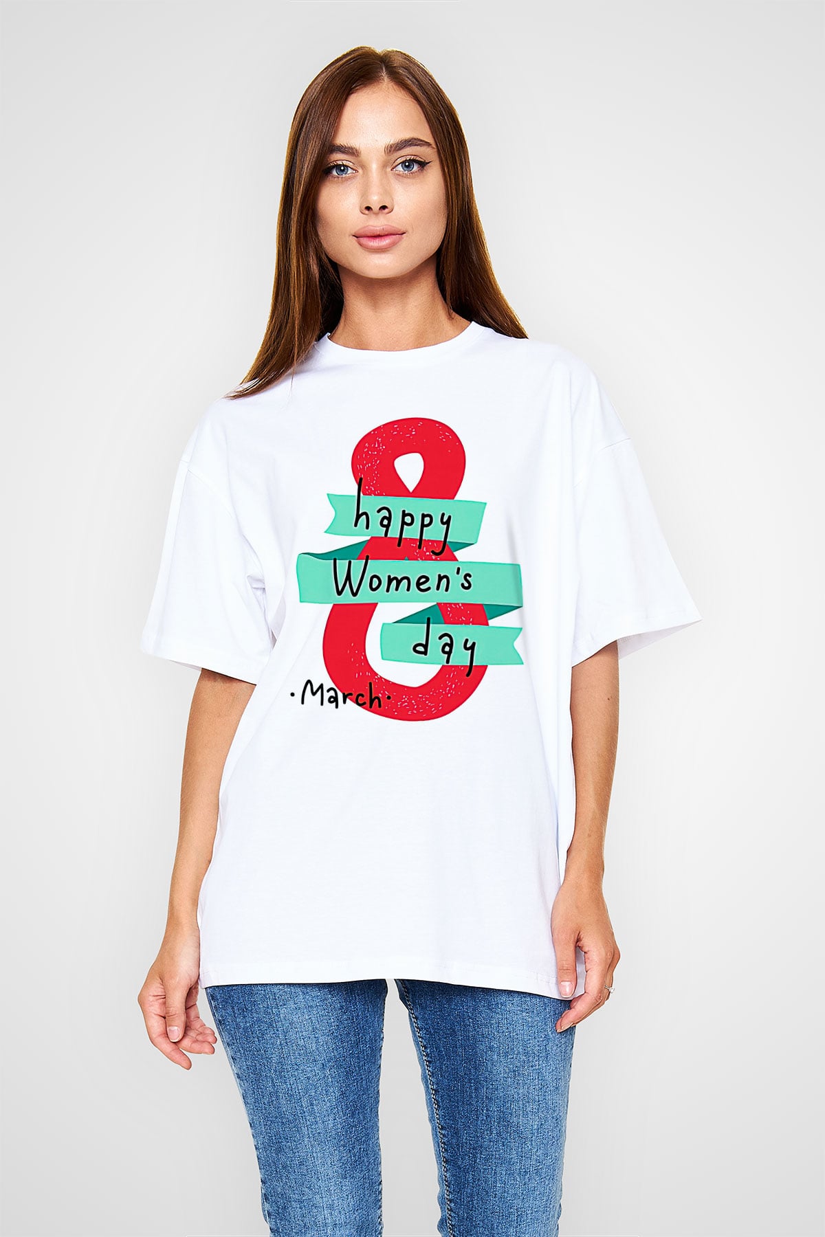 Kadınlar Günü Baskılı Beyaz Unisex Oversize Tişört - Tshirt