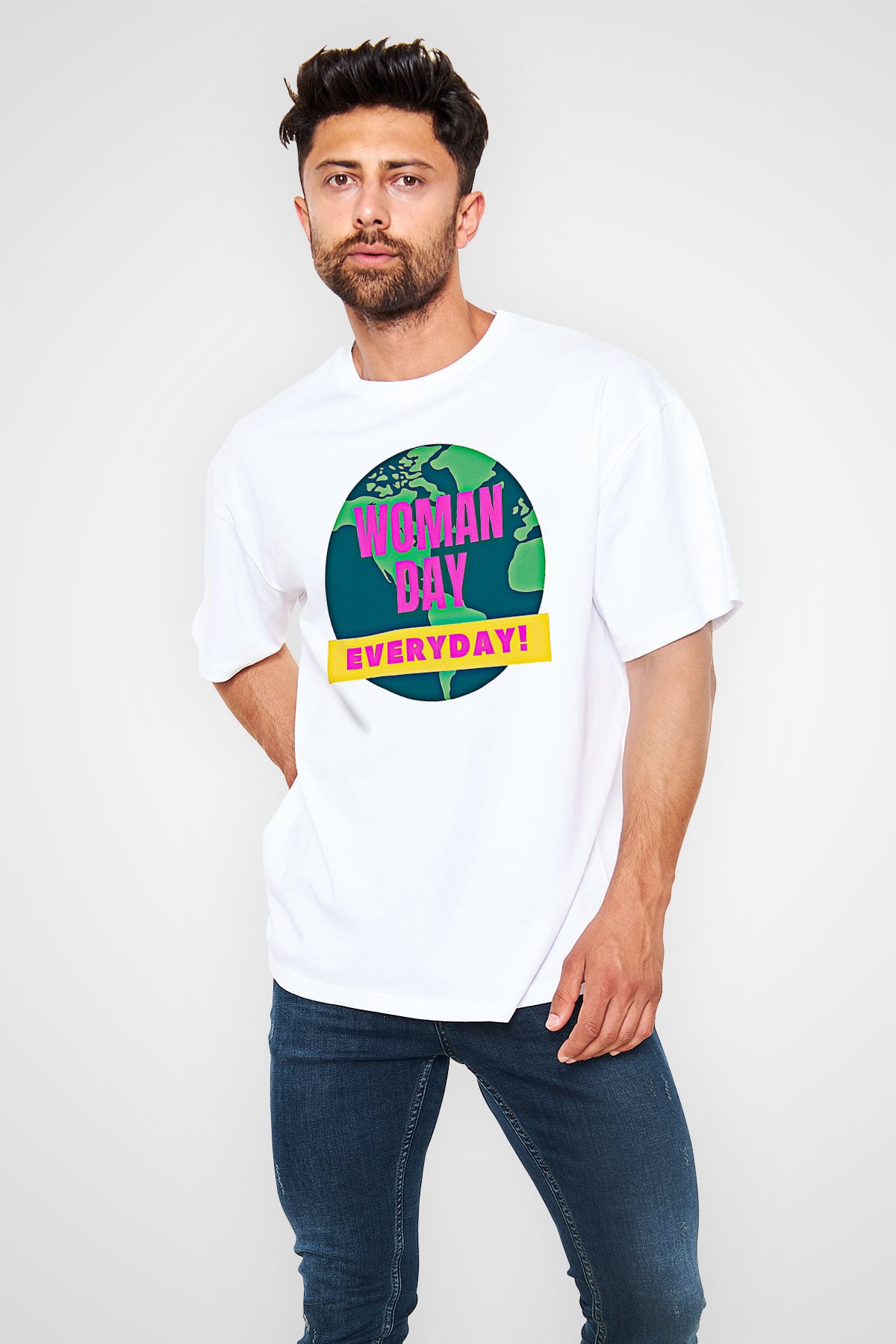 Kadınlar Günü Baskılı Beyaz Unisex Oversize Tişört - Tshirt