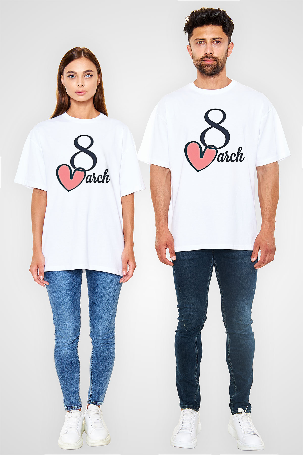 Kadınlar Günü Baskılı Beyaz Unisex Oversize Tişört - Tshirt