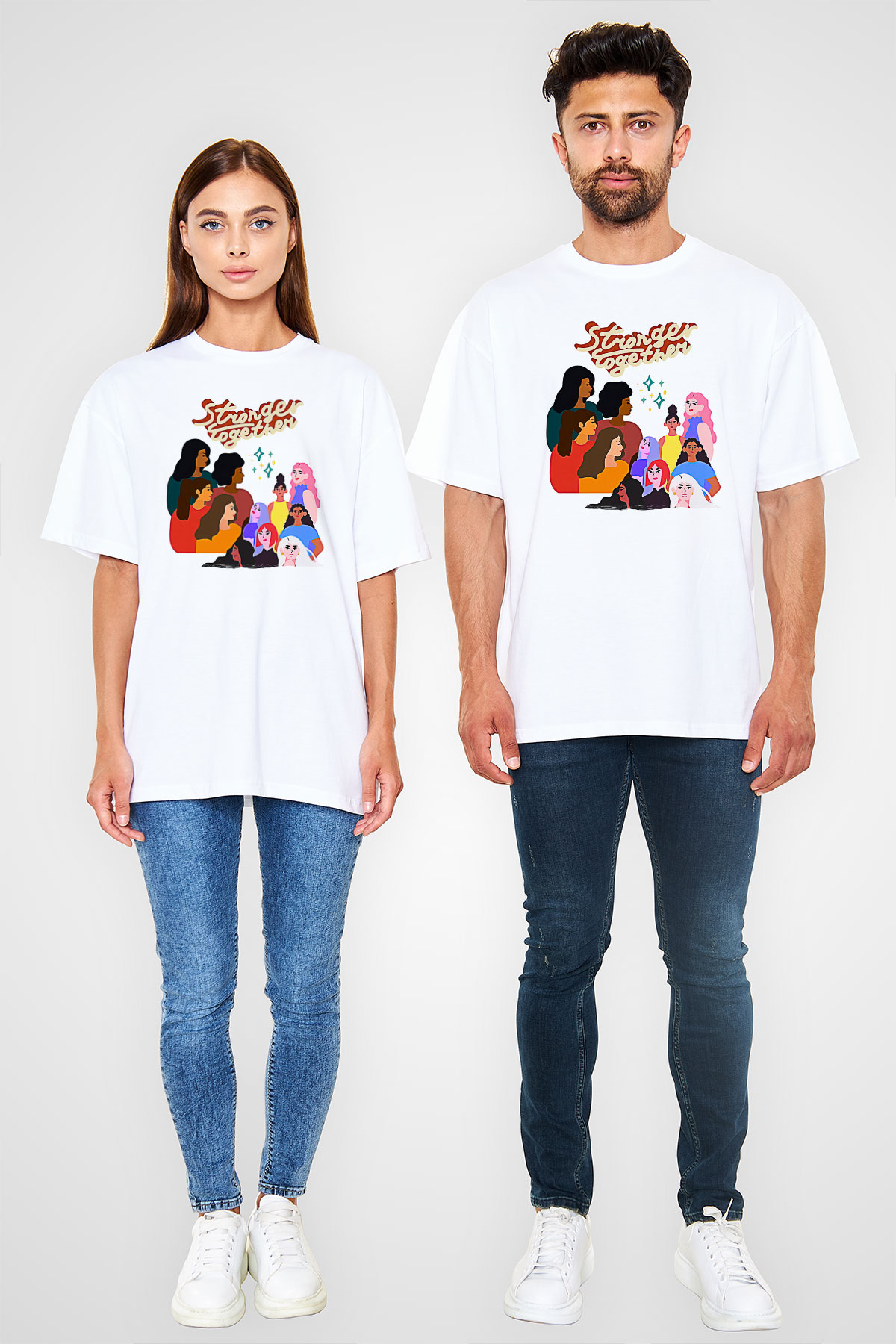 Kadınlar Günü Baskılı Beyaz Unisex Oversize Tişört - Tshirt