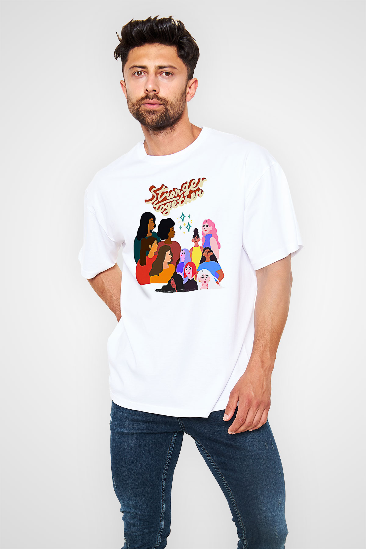 Kadınlar Günü Baskılı Beyaz Unisex Oversize Tişört - Tshirt