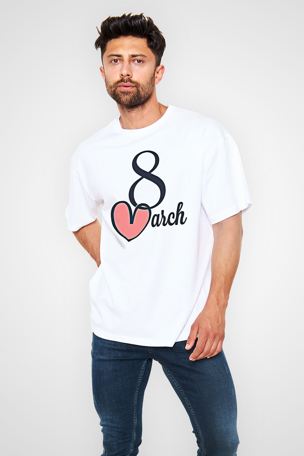 Kadınlar Günü Baskılı Beyaz Unisex Oversize Tişört - Tshirt