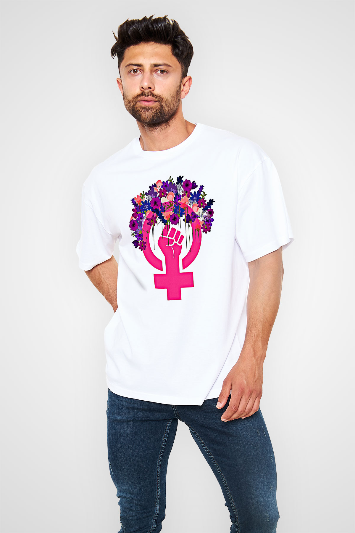 Kadınlar Günü Baskılı Beyaz Unisex Oversize Tişört - Tshirt