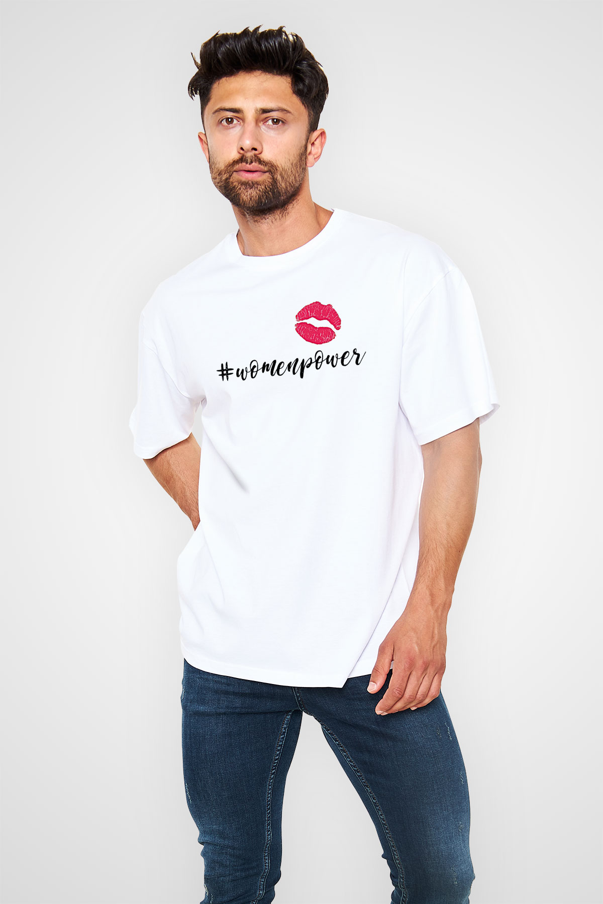 Kadınlar Günü Baskılı Beyaz Unisex Oversize Tişört - Tshirt