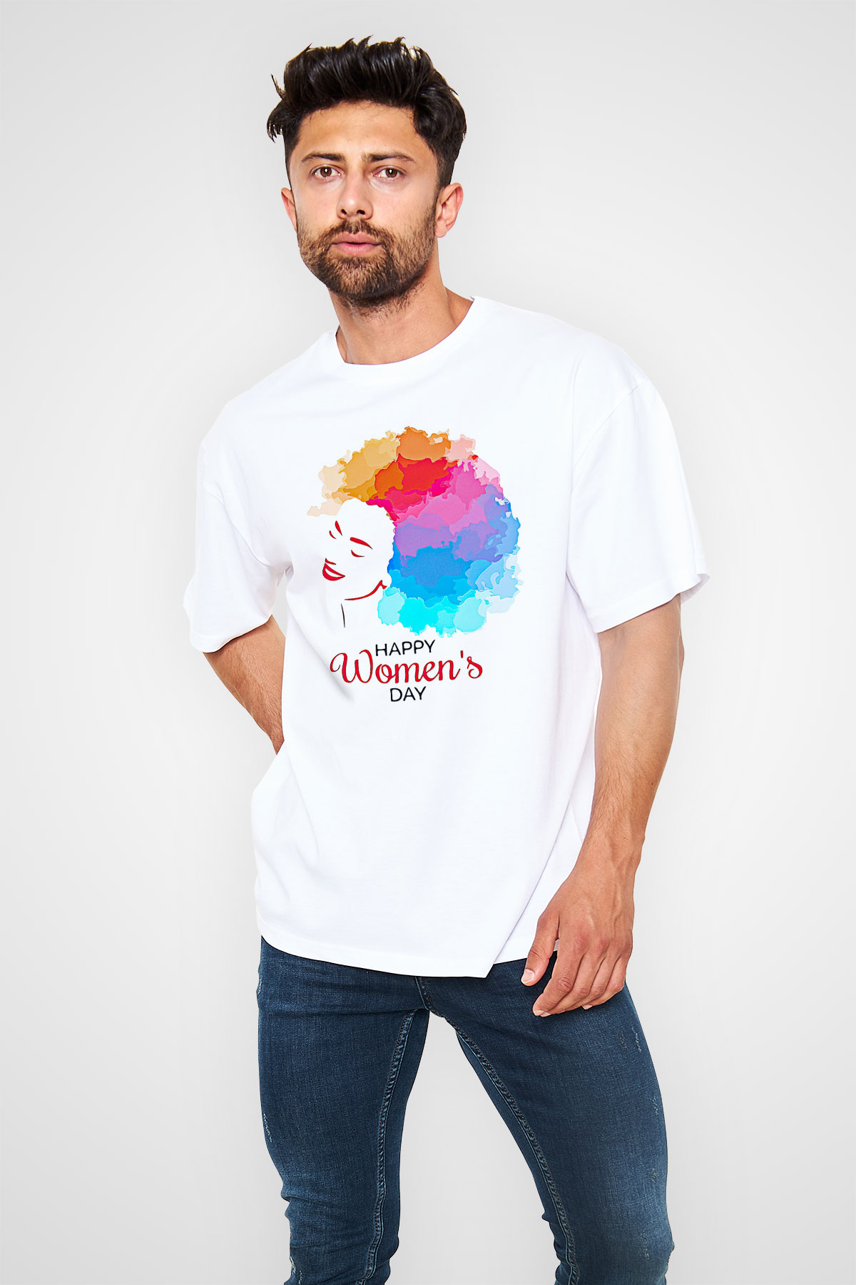 Kadınlar Günü Baskılı Beyaz Unisex Oversize Tişört - Tshirt