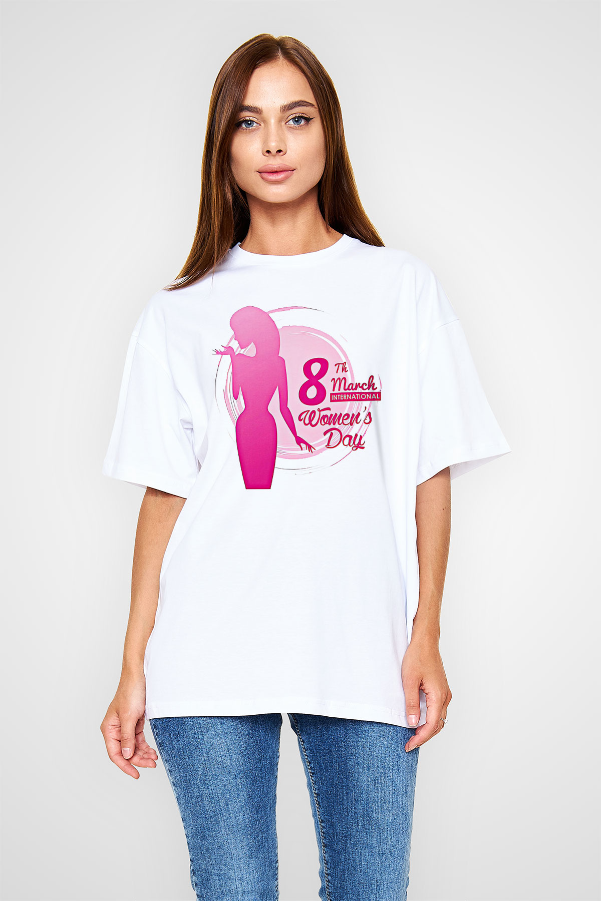 Kadınlar Günü Baskılı Beyaz Unisex Oversize Tişört - Tshirt