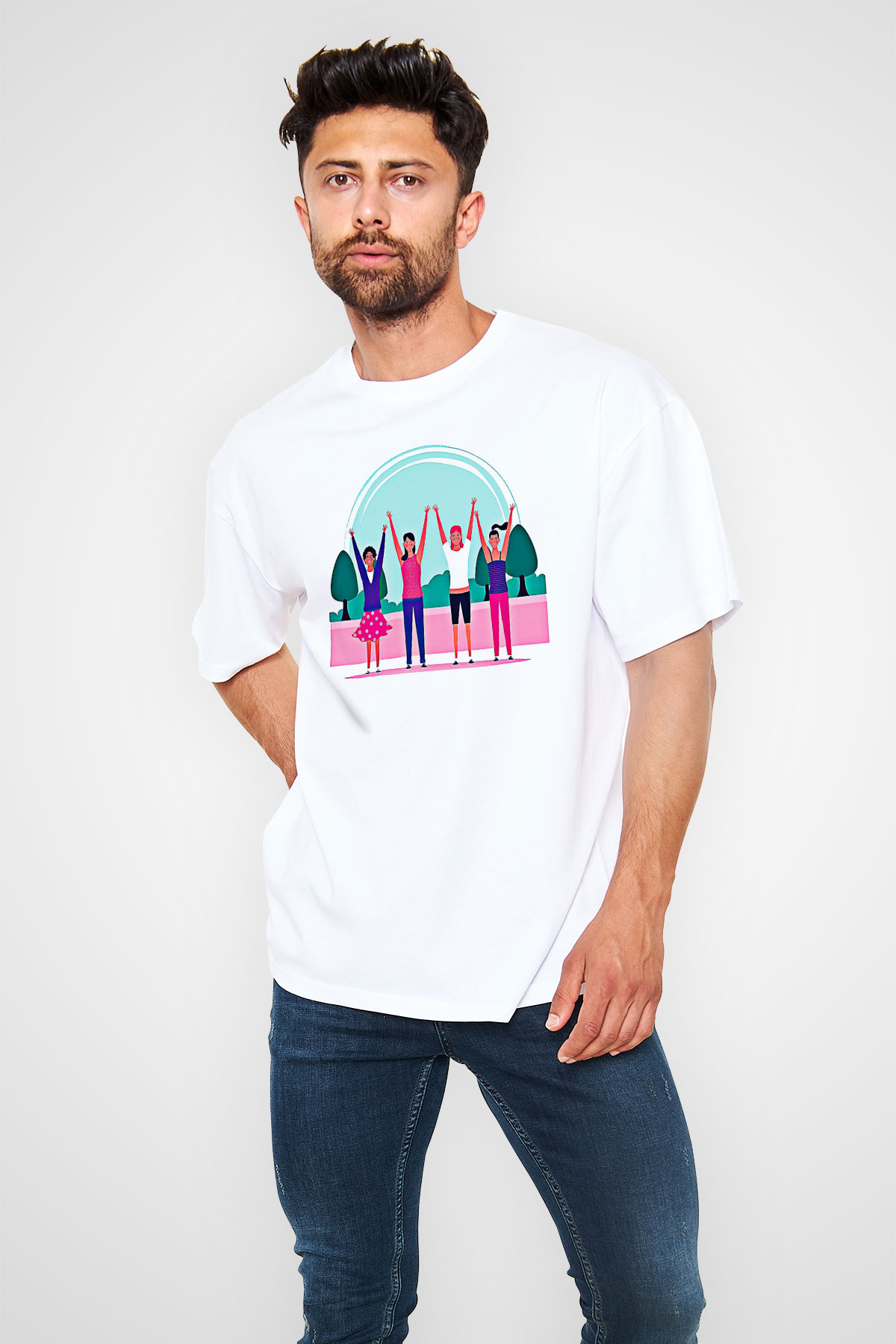 Kadınlar Günü Baskılı Beyaz Unisex Oversize Tişört - Tshirt