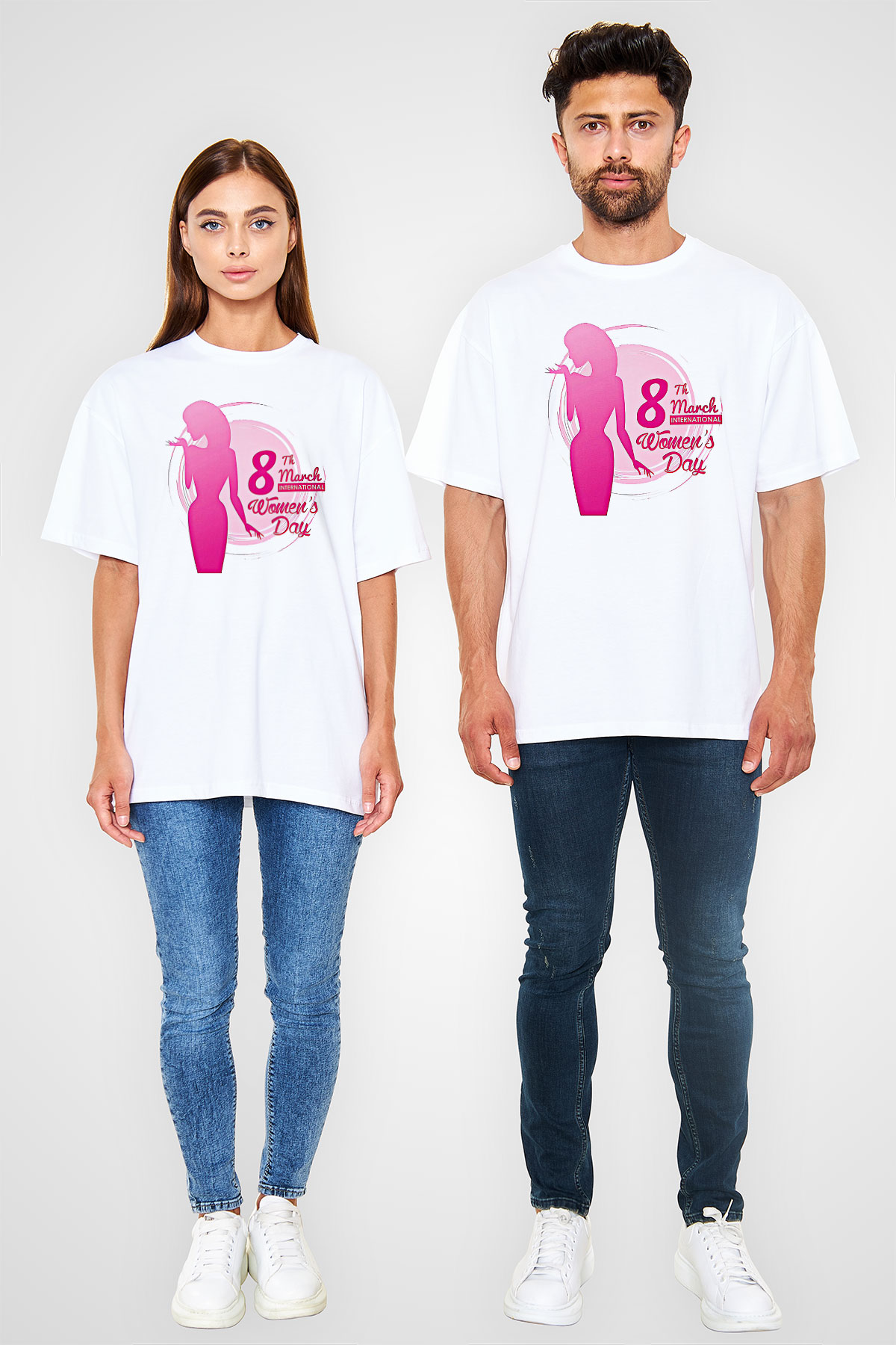 Kadınlar Günü Baskılı Beyaz Unisex Oversize Tişört - Tshirt