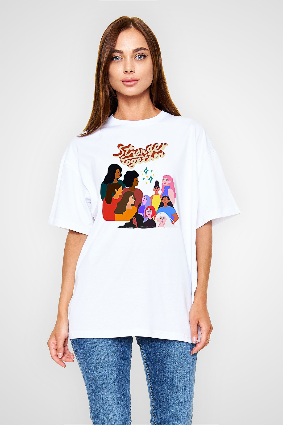Kadınlar Günü Baskılı Beyaz Unisex Oversize Tişört - Tshirt