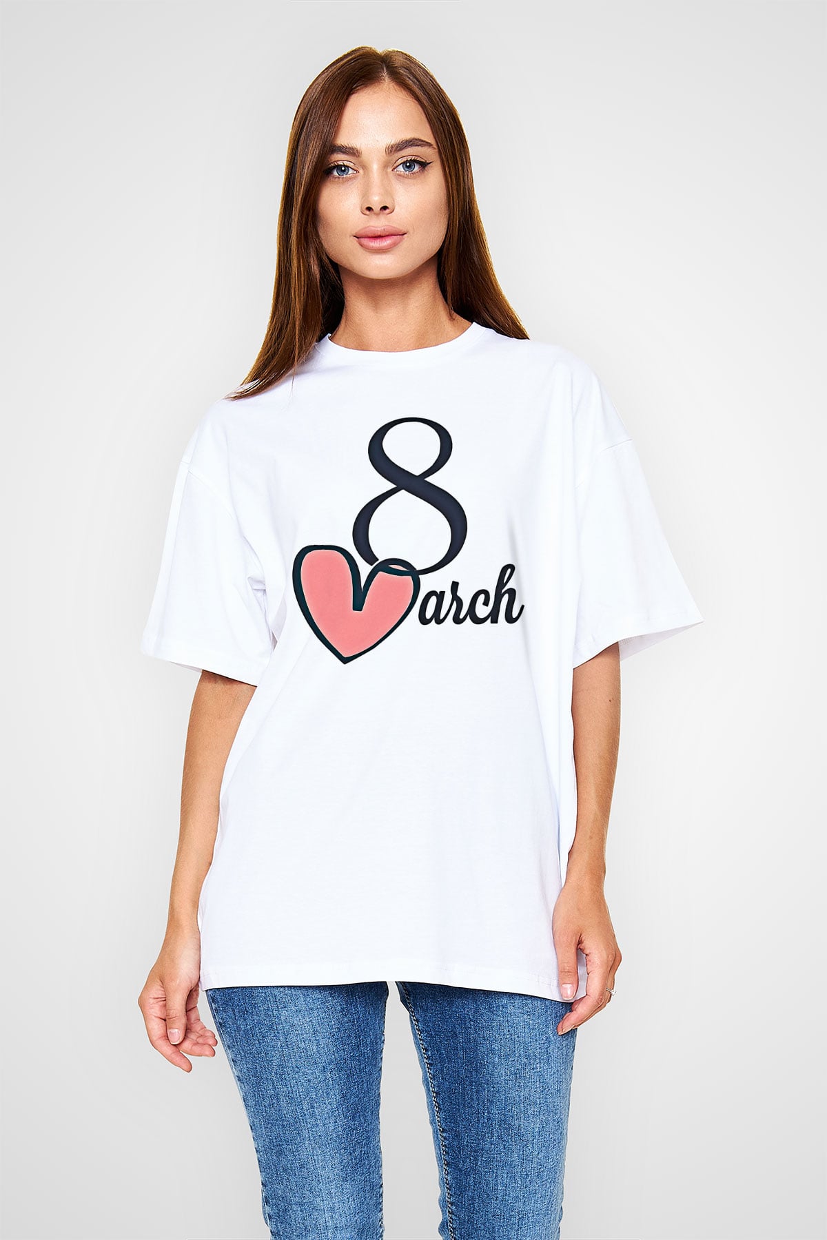 Kadınlar Günü Baskılı Beyaz Unisex Oversize Tişört - Tshirt
