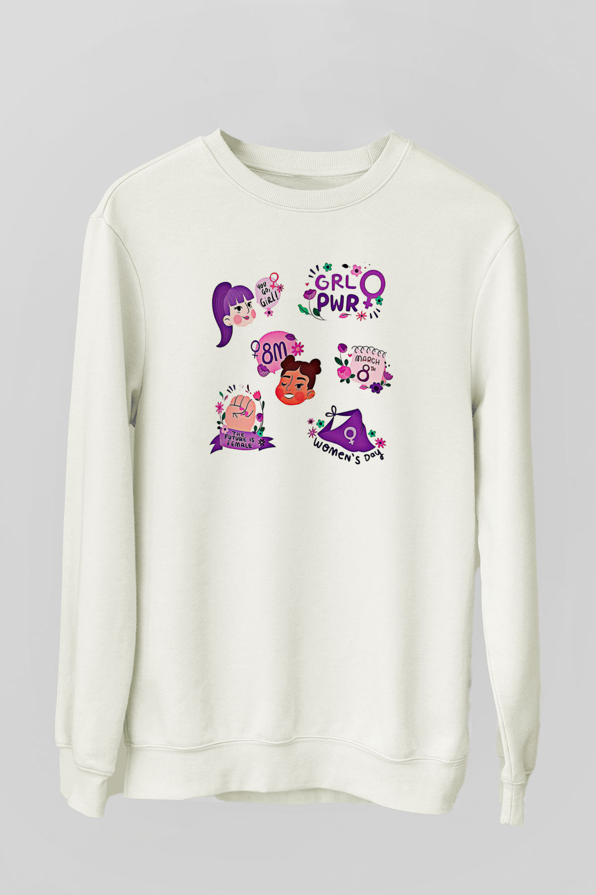 Kadınlar Günü Baskılı Beyaz Unisex Sweatshirt