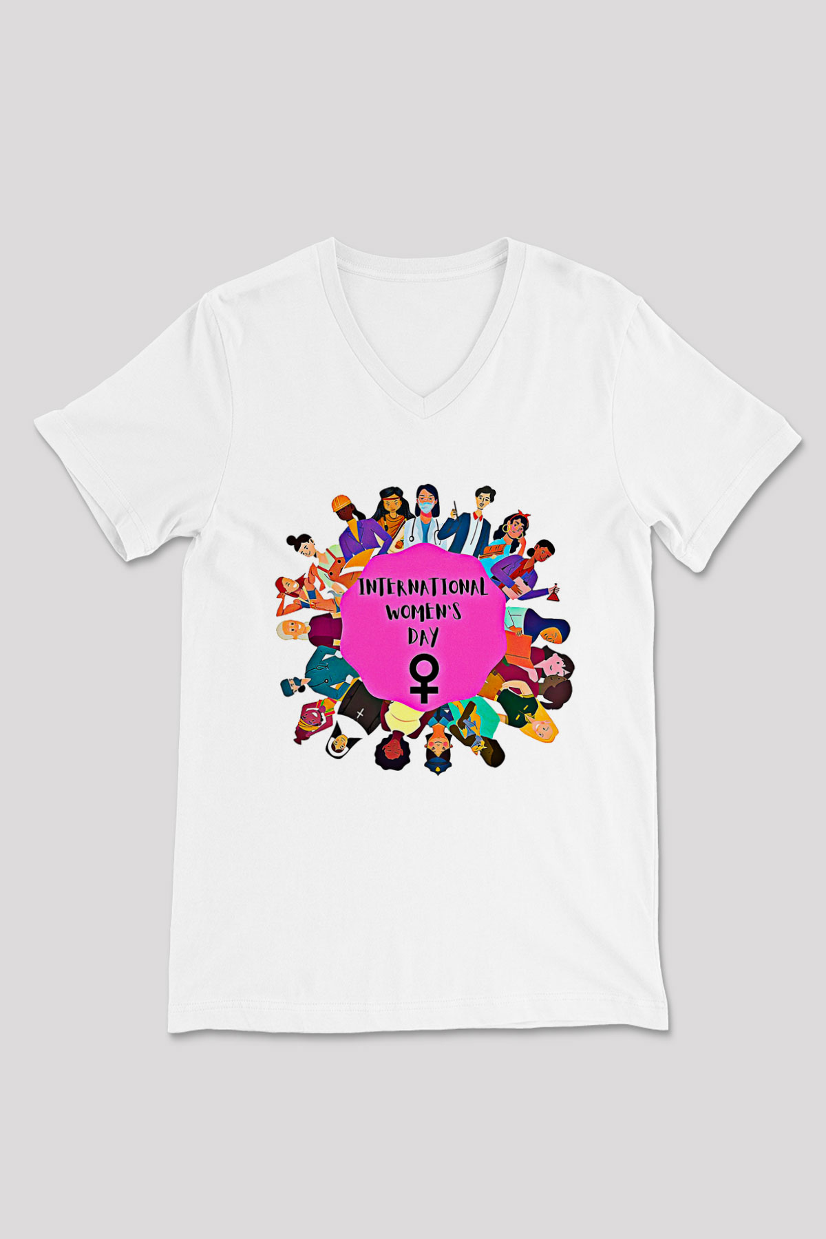 Kadınlar Günü Baskılı Beyaz Unisex V Yaka Tişört - Tshirt