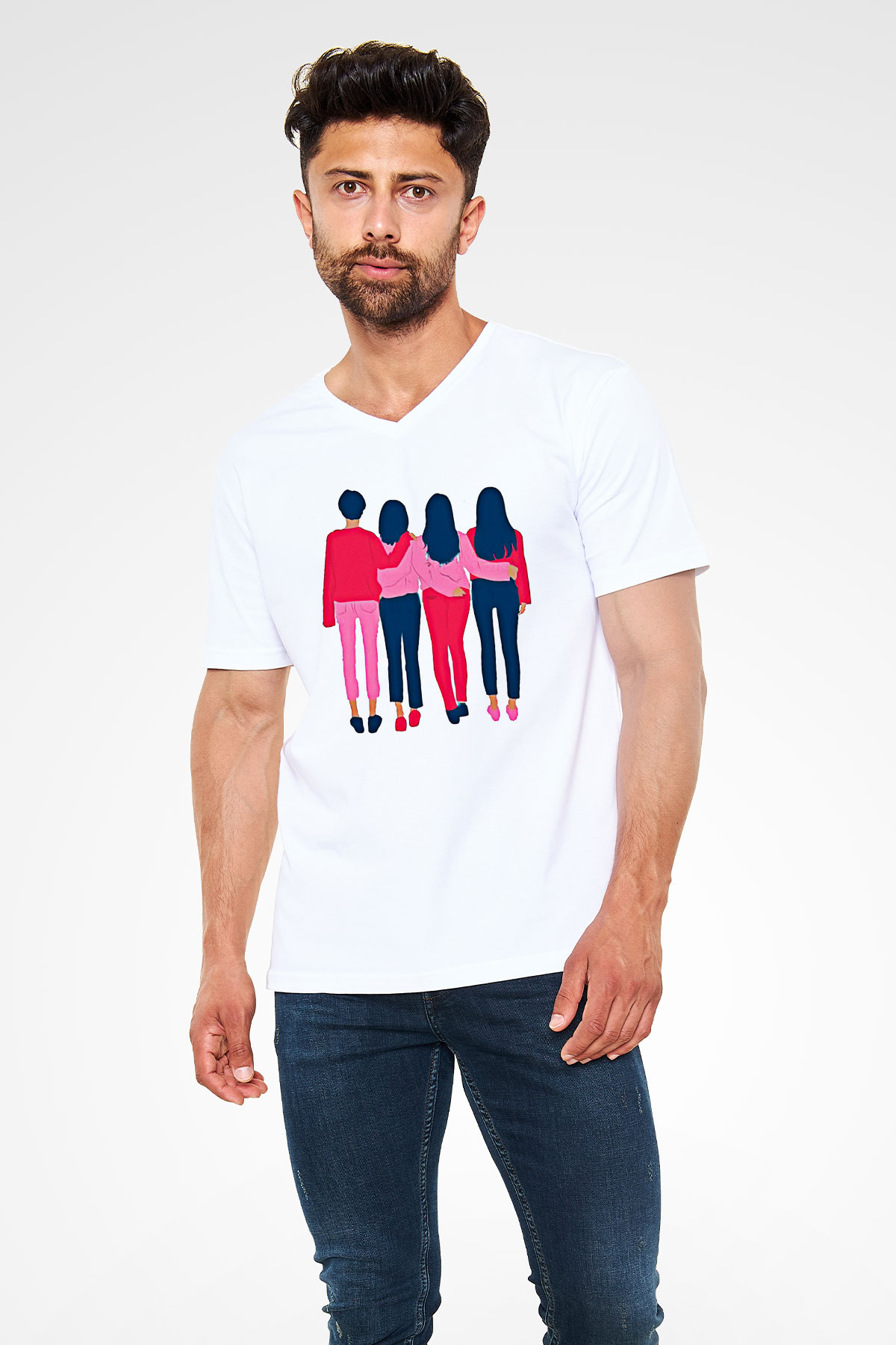Kadınlar Günü Baskılı Beyaz Unisex V Yaka Tişört - Tshirt