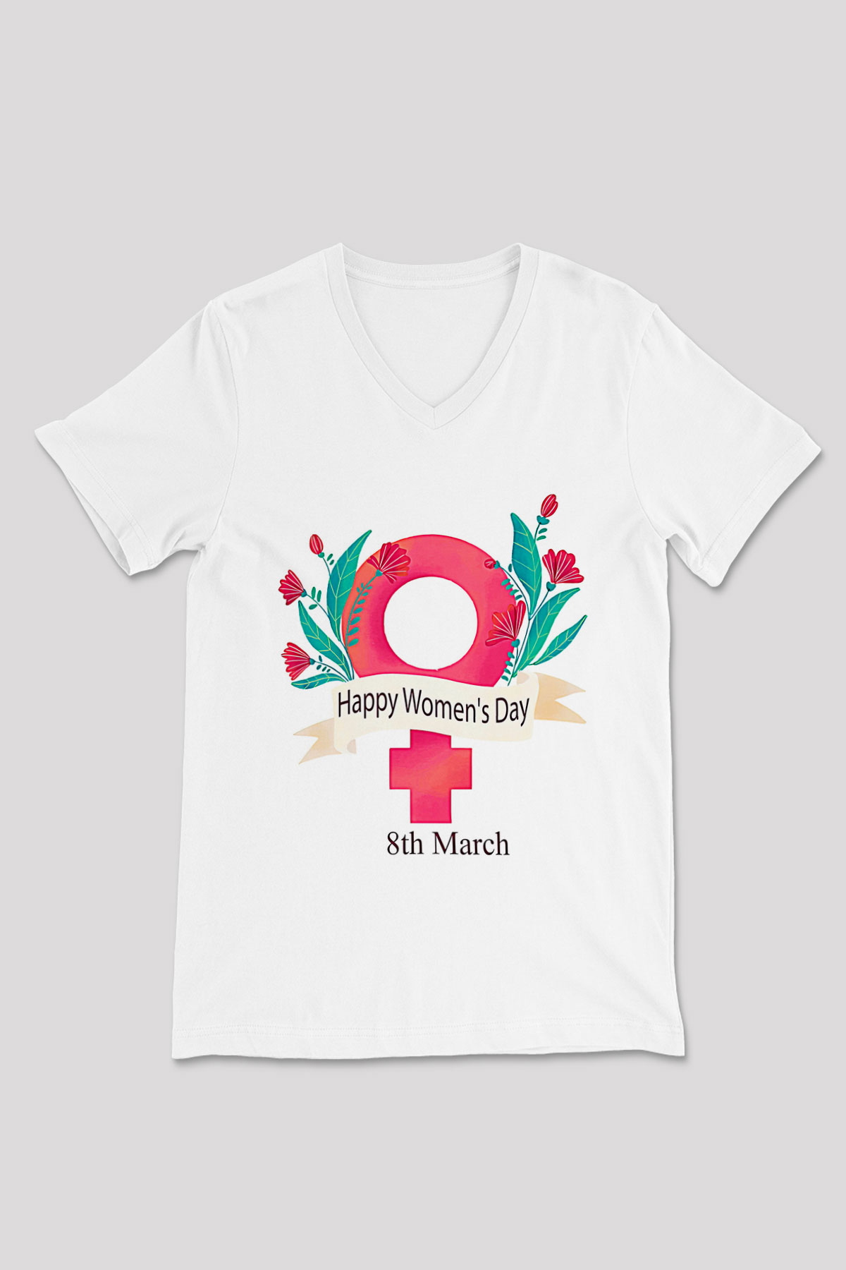 Kadınlar Günü Baskılı Beyaz Unisex V Yaka Tişört - Tshirt