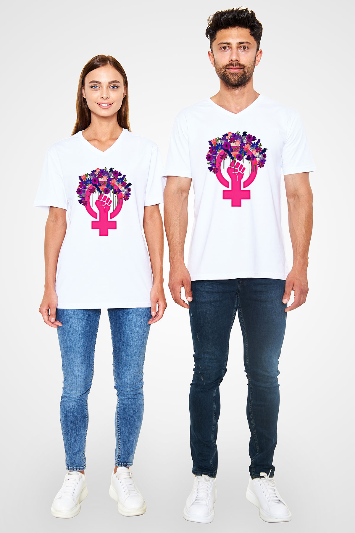 Kadınlar Günü Baskılı Beyaz Unisex V Yaka Tişört - Tshirt