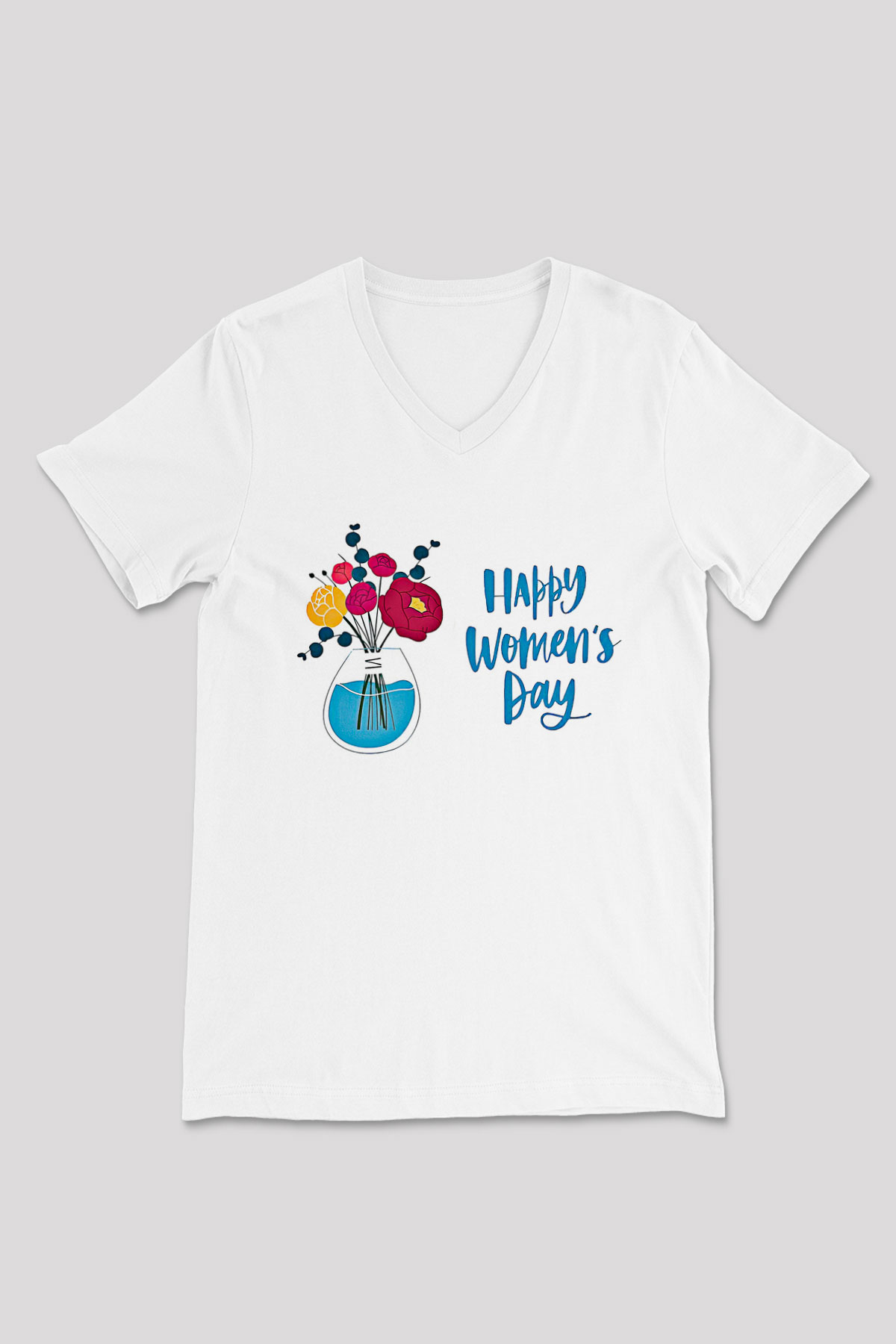 Kadınlar Günü Baskılı Beyaz Unisex V Yaka Tişört - Tshirt