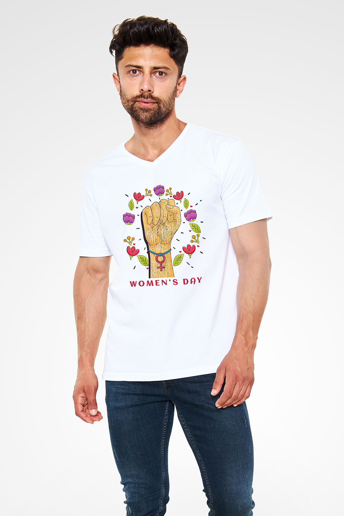 Kadınlar Günü Baskılı Beyaz Unisex V Yaka Tişört - Tshirt