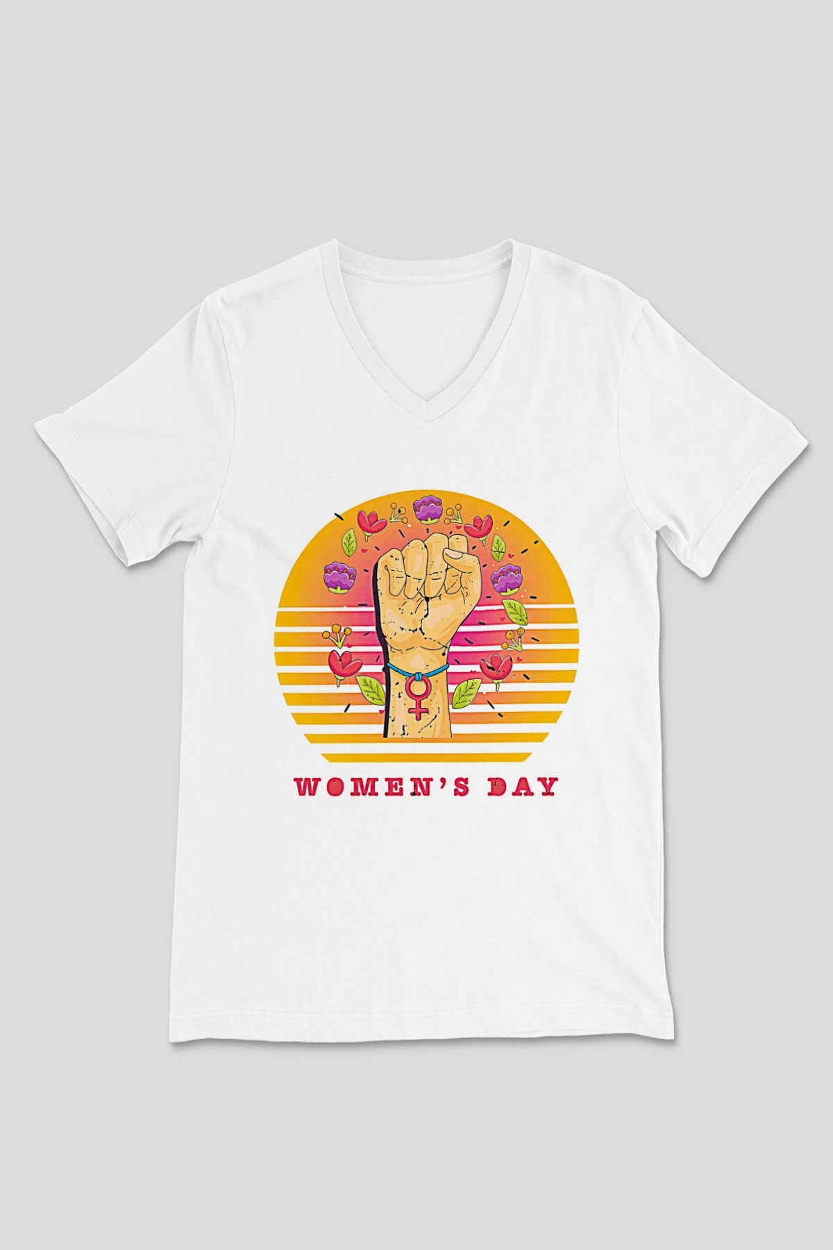 Kadınlar Günü Baskılı Beyaz Unisex V Yaka Tişört - Tshirt