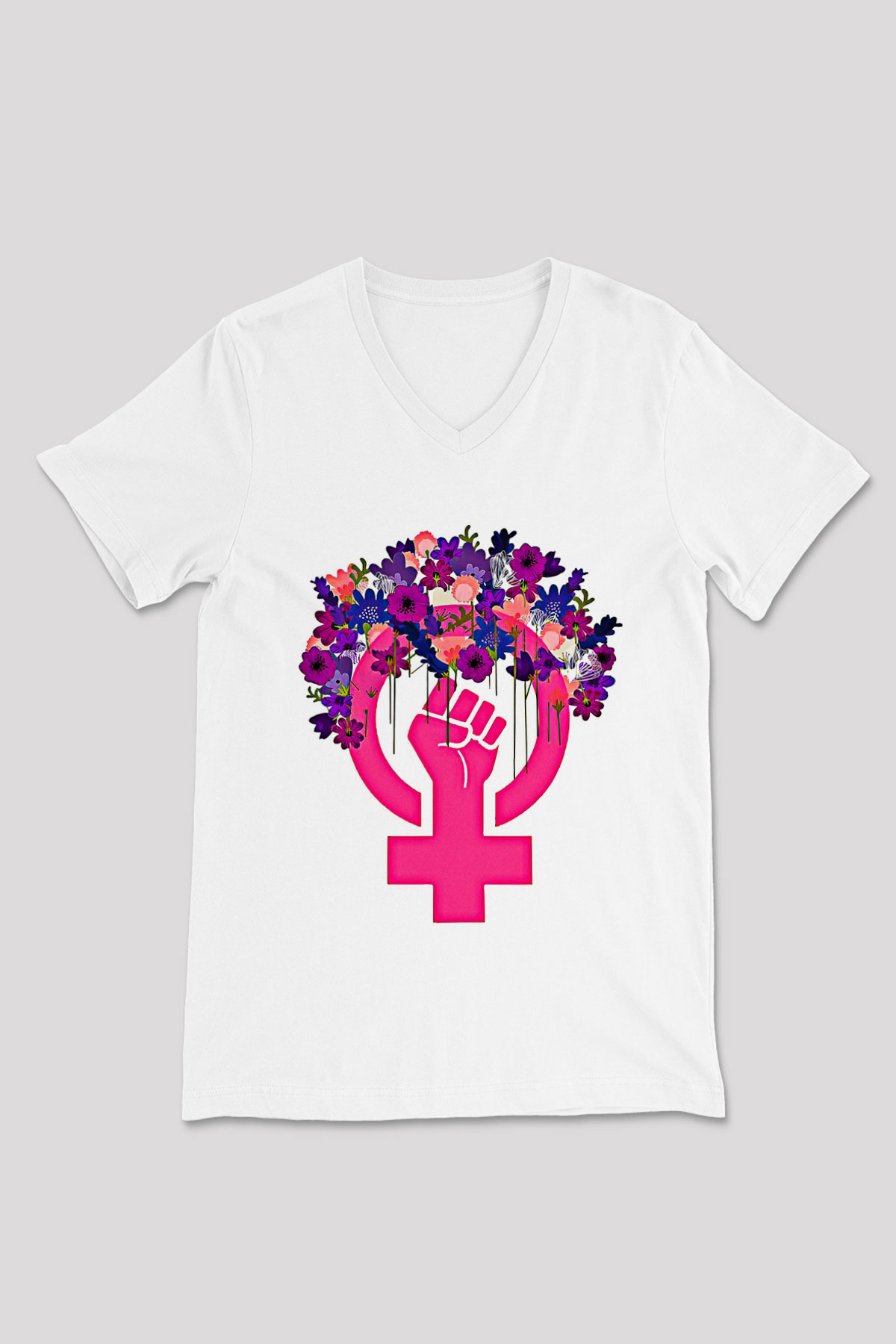Kadınlar Günü Baskılı Beyaz Unisex V Yaka Tişört - Tshirt