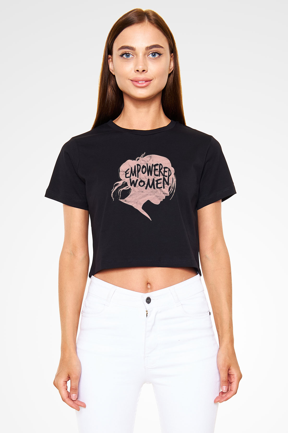 Kadınlar Günü Baskılı Siyah Crop Top Kadın Tişört - Tshirt