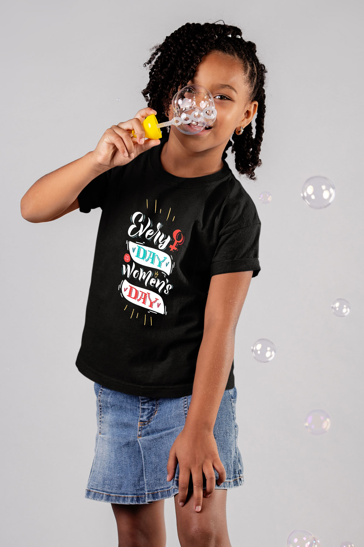 Kadınlar Günü Baskılı Unisex Siyah Çocuk Tişört - Tshirt