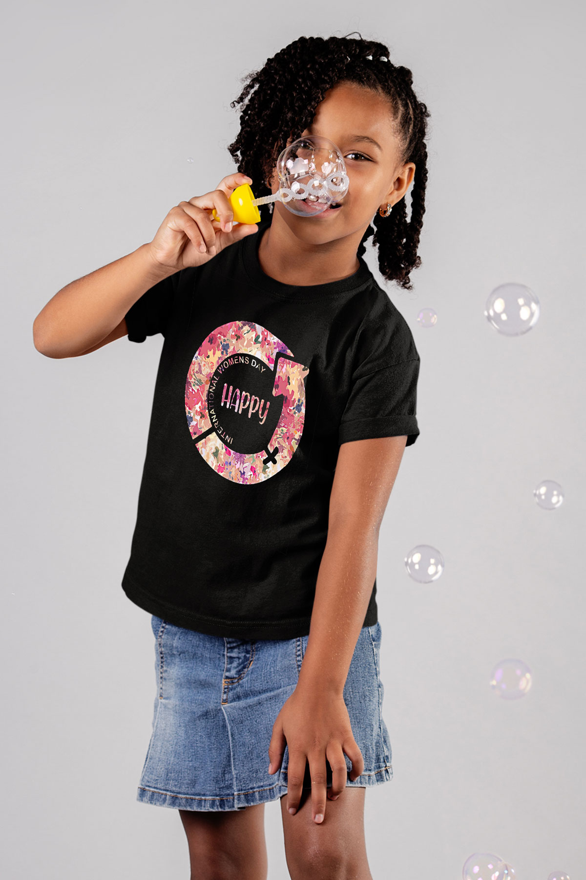 Kadınlar Günü Baskılı Unisex Siyah Çocuk Tişört - Tshirt