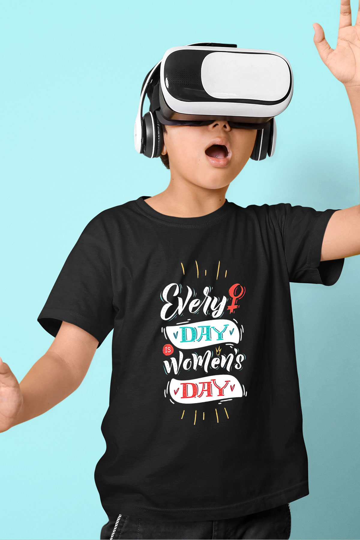 Kadınlar Günü Baskılı Unisex Siyah Çocuk Tişört - Tshirt
